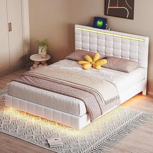 Miniatura 15 de Elegante marco de cama flotante de tamaño Queen con cabecera LED ambiental y puertos USB integrados, base de colchón tapizada contemporánea para