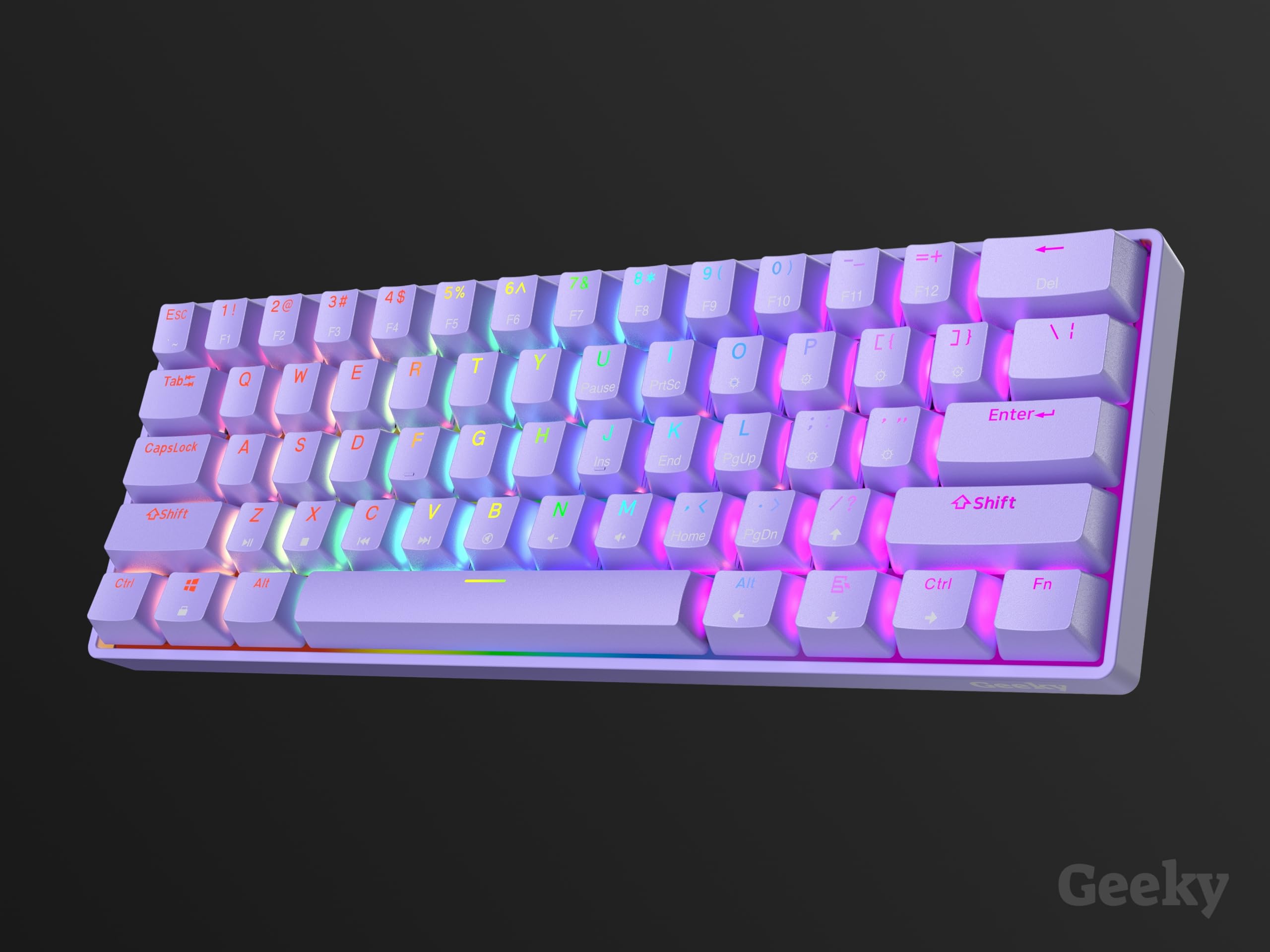 Geeky GK61 SE 60% | Mechanical Gaming Keyboard | 61 Keys Multi Color RGB LED Backlit for PC/Mac Gamer | ANSI US American Layout (Lavender, Mechanical Brown) — view 9