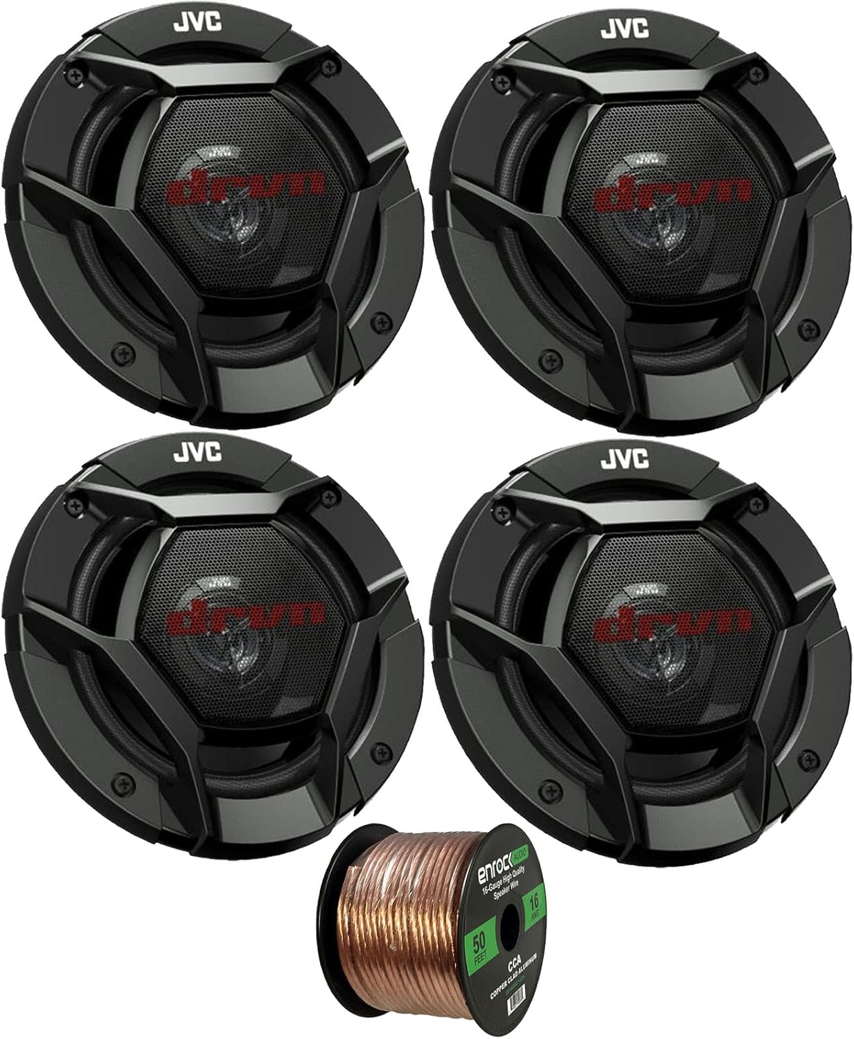 JVC 4X drvn DR Series 4" 220W Max Power Car Audio 2-Way Coaxial Vehicle Speakers Bundle Combo with 50 Ft 16 Gauge Audio Speaker Wiring