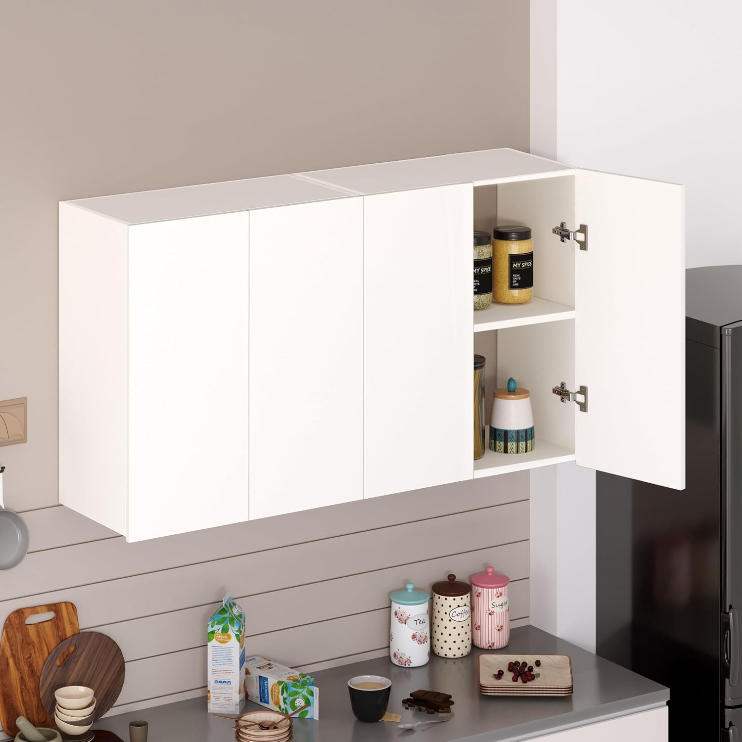 BLUEWUD Opryt Engineered Wood Two Kitchen Cabinet Rack, Wall Mounted Crockery Storage Cabinet Unit for Kitchen Utensils, Jars, Spices, Modular Cupboard for Home & Kitchen DIY (White) (Set of Two)