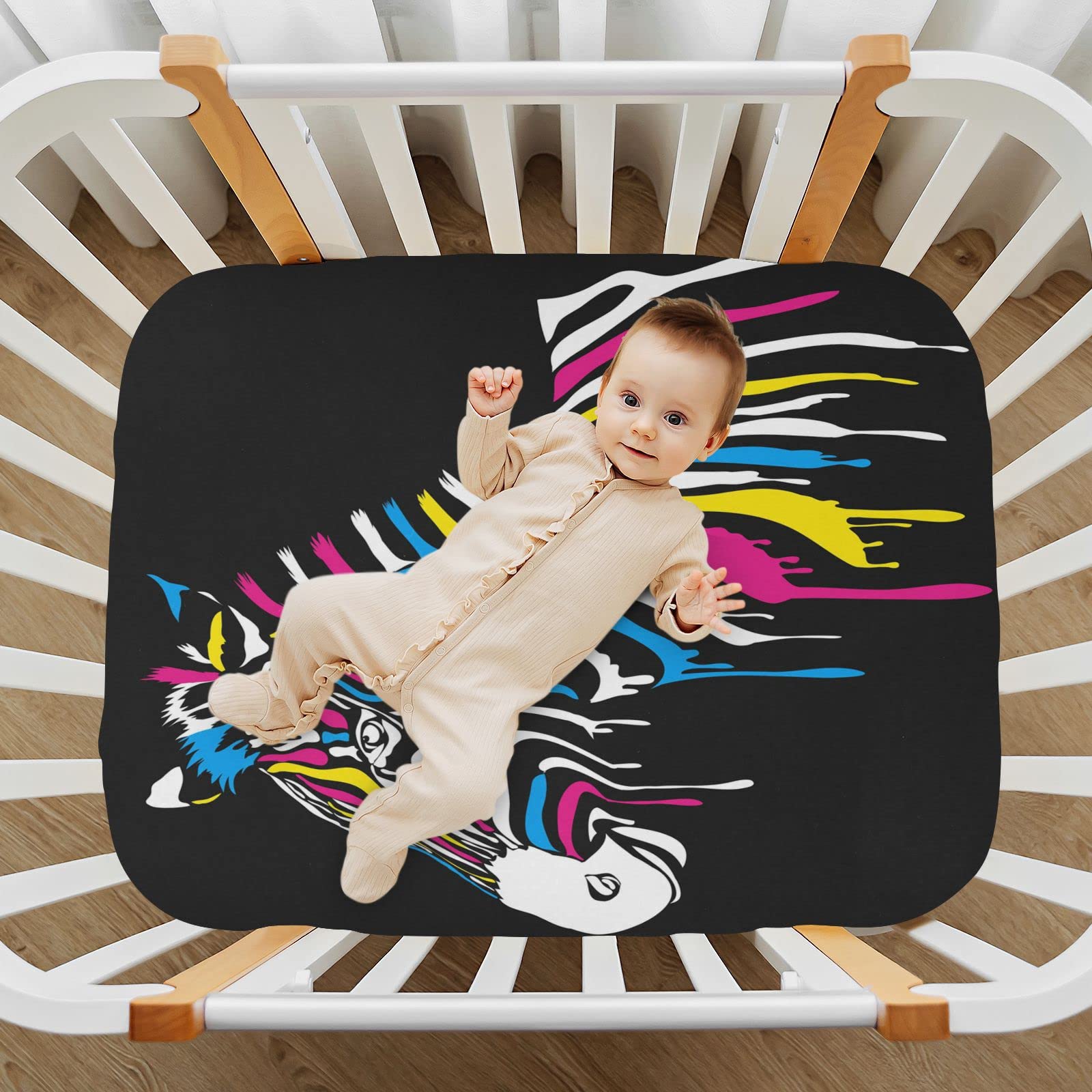 Spannbettlaken für Kinderbett, buntes Zebramuster, weich, atmungsaktiv, pflegeleicht, Spannbetttuch für Babybett und Kinderbetten