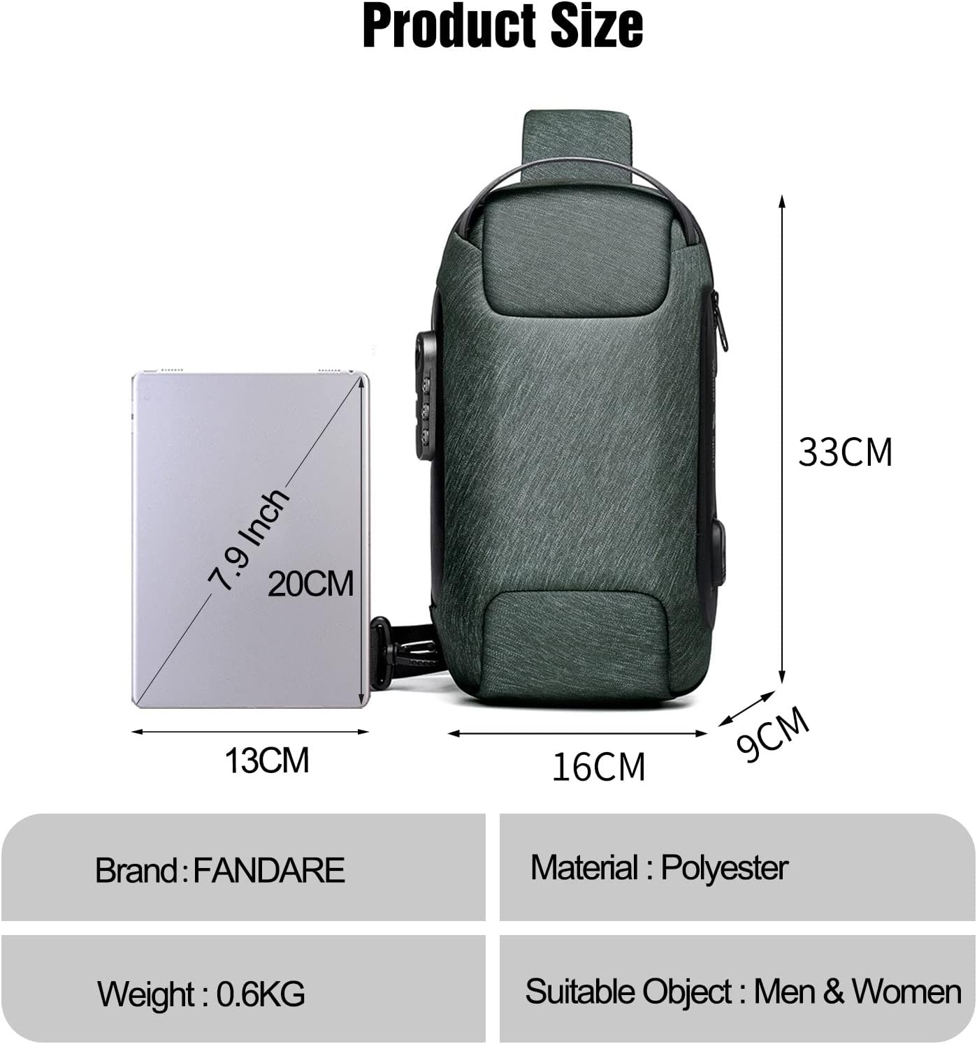 FANDARE Anti-Theft Sling Bag Chest Shoulder Backpack Crossbody Bags for Men Women Cover Pack Hiking Small Rucksack with USB Charging Port for Business Travel Hiking Bicycle Sport Gym Pack Green