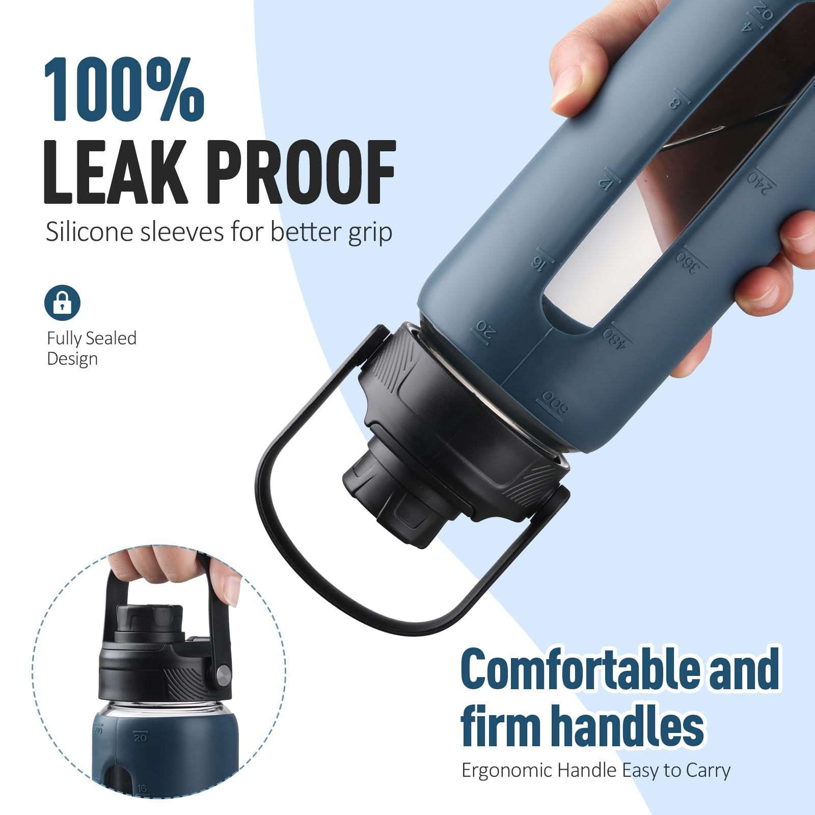 BLUEGO Borraccia in vetro da 600ml con cannuccia e 2 coperchi, tazza da caffè in vetro con custodia in silicone, senza BPA, Blu scuro