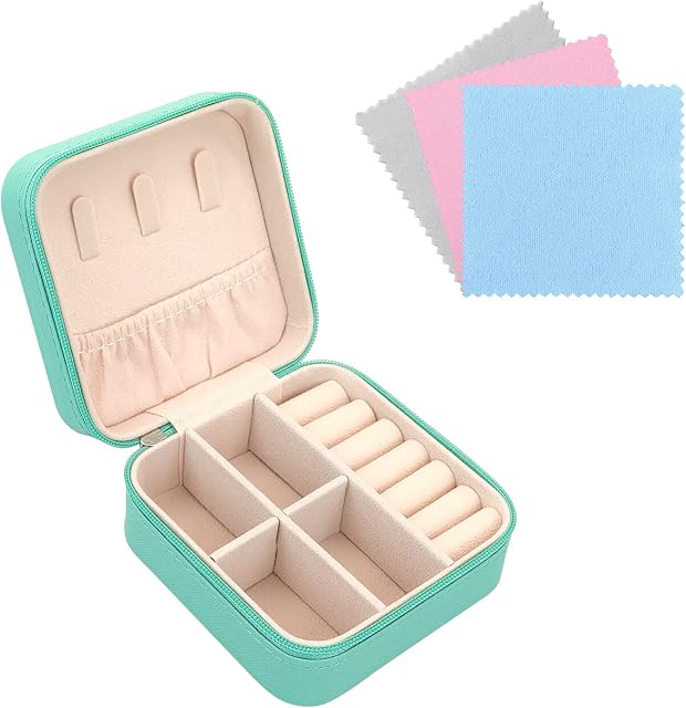 FuninCrea Jewellery Box Organiser for Women, Mini PU Leather Travel Jewelry Storage Case with 3pcs Silver Cloth for Rings Earrings Necklace, Portable Jewelry Case for Girl, Wife, Mother (blue)