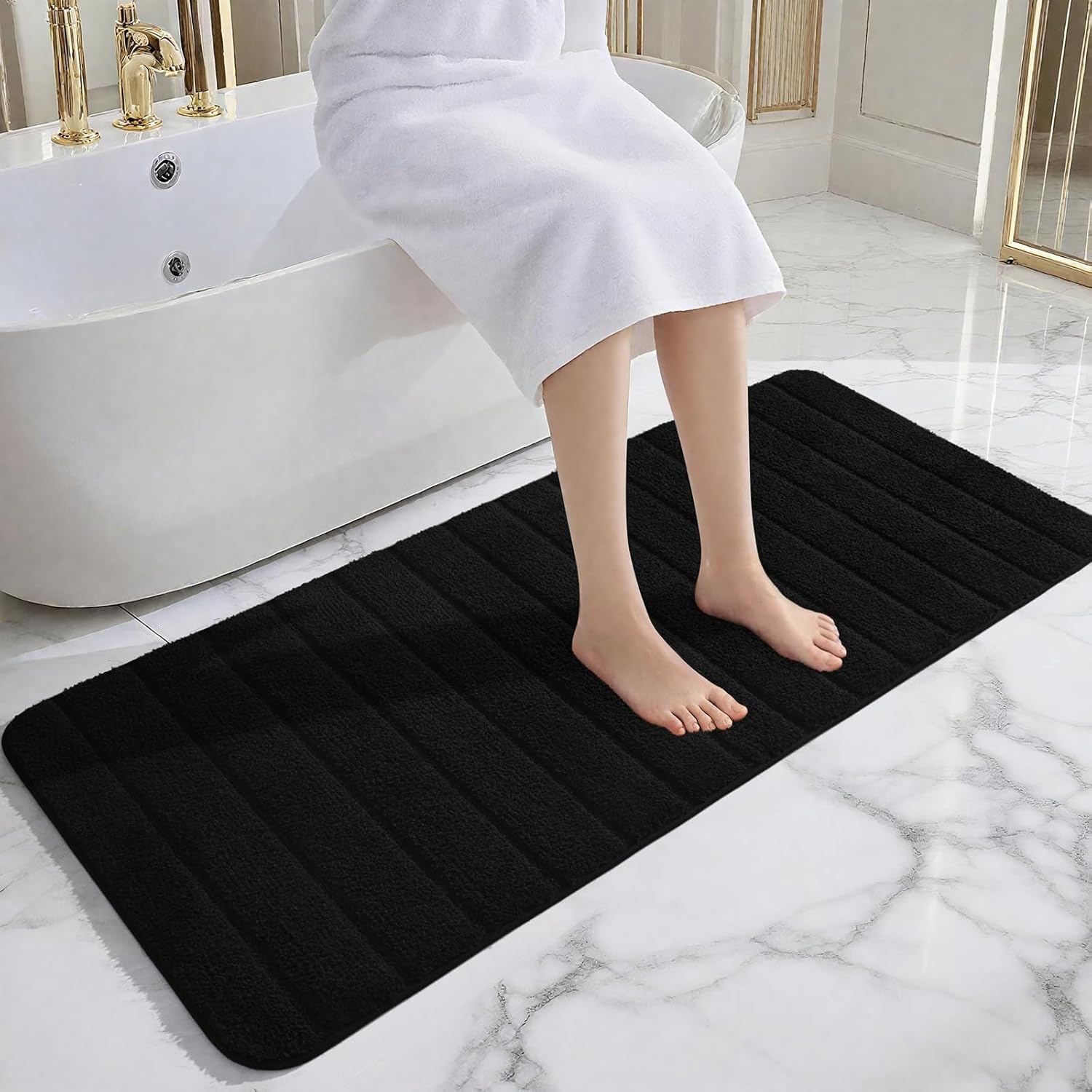 AROGAN Luxury Long Bathroom Runner Rugs, Thick Soft and Absorbent Microfiber Non Slip Bath Mat, Rubber Backing Striped Rug Carpets, Machine Washable Plush Mats for Bathroom Floor, 24x72 Inch Black