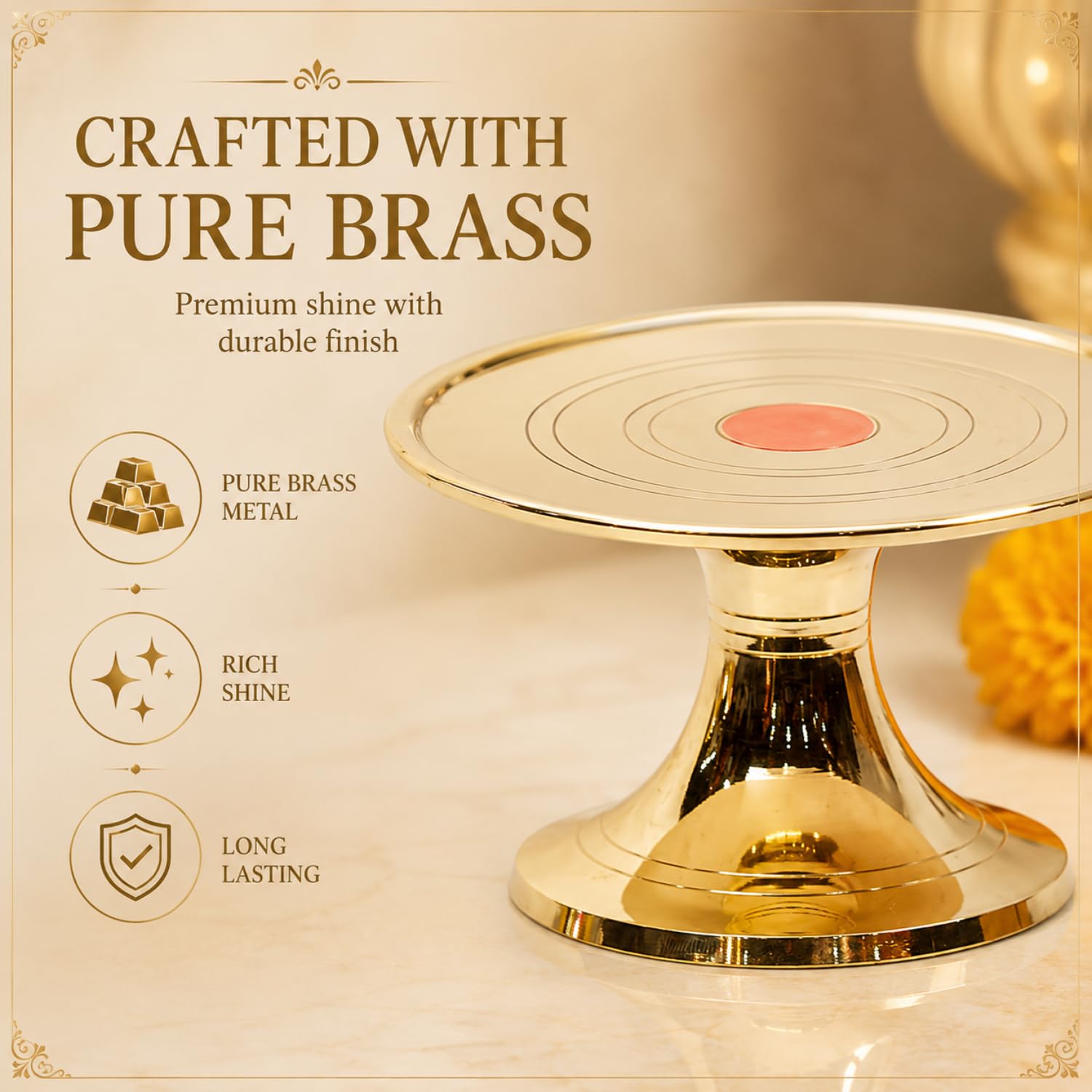 Bhimonee Decor Brass Mukkali Stool | Traditional Pooja Chowki for Home Temple | Religious Ceremonies & Decor | 2.5 Inches | 250gm | Gold 2