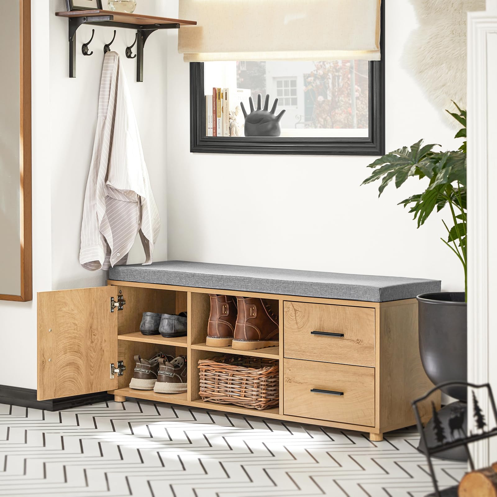 SoBuy Banco Zapatero Banco de Almacenamiento con 1 Puerta 2 Cajones y 2 Estantes Abiertos 110 x 35 x 47 cm FSR148-N ES