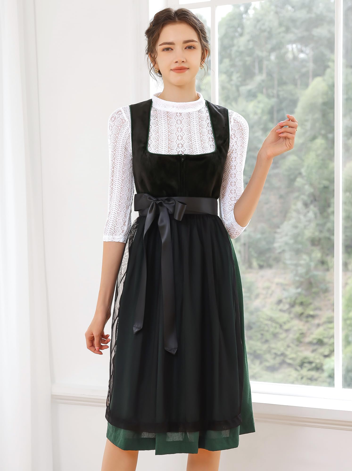 EIISSION Dirndl Damski Oktoberfest Kostium Oktoberfest Kostium Kostium Damski Czarny Tradycyjna Sukienka midi Trachten Sukienka 3 Pieces Bluzka Fartuch