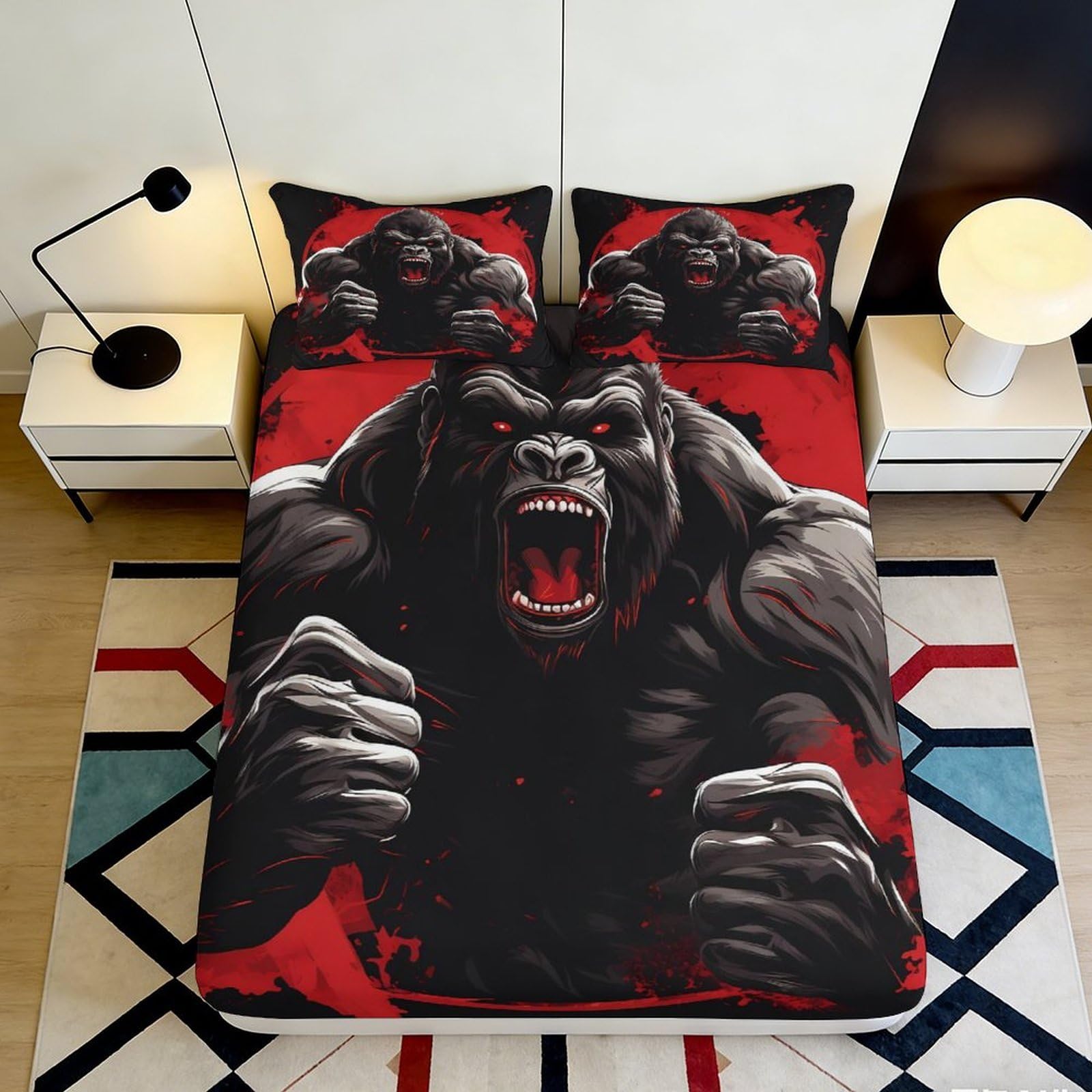 3D Printed Roaring Gorilla Fitted Sheet Microfiber Deep Pocket Bedroom Bedding Set Gorilla Mattress Fitted Cover Elastic Hem Washable 180x200x25cm