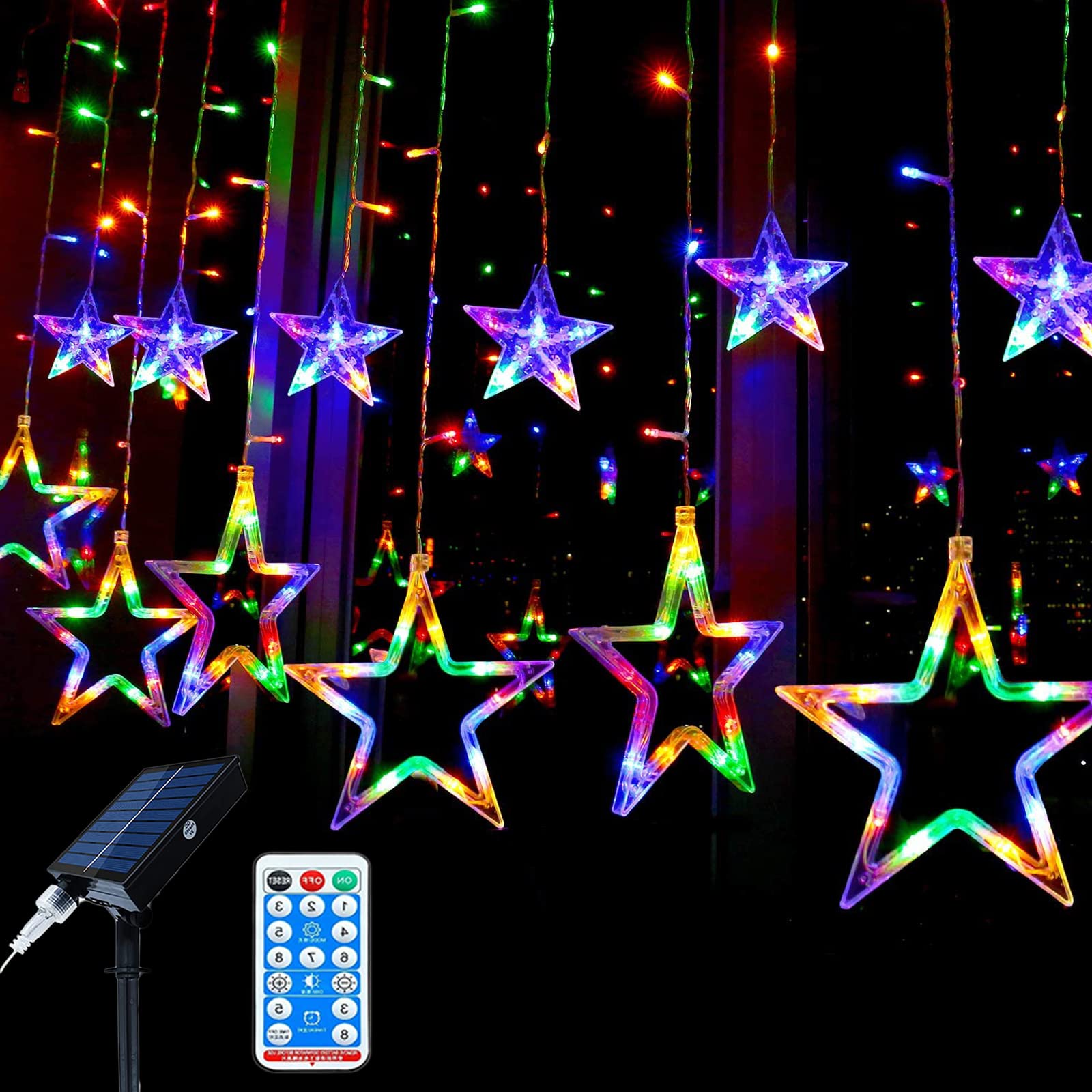 Rideau Lumineux Solaire Extérieur,KINGCOO Étanche 138LED Etoiles Guirlande Lumineuses Féeriques Eclairage Rideaux avec Télécommande 8Modes pour Intérieure Mariage Noël Jardin Décoration (Multicolore)