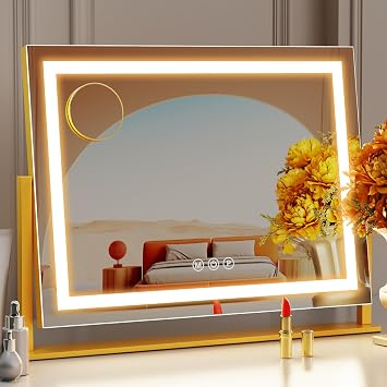 Gvnkvn Lighted Makeup Mirror, 17.3"x13" Hollywood Vanity Mirror with Lights, Three Color Lighting Modes, and 5X Magnification Mirror, Smart Touch Control, 360Rotation Gold,17.3in Gift Box