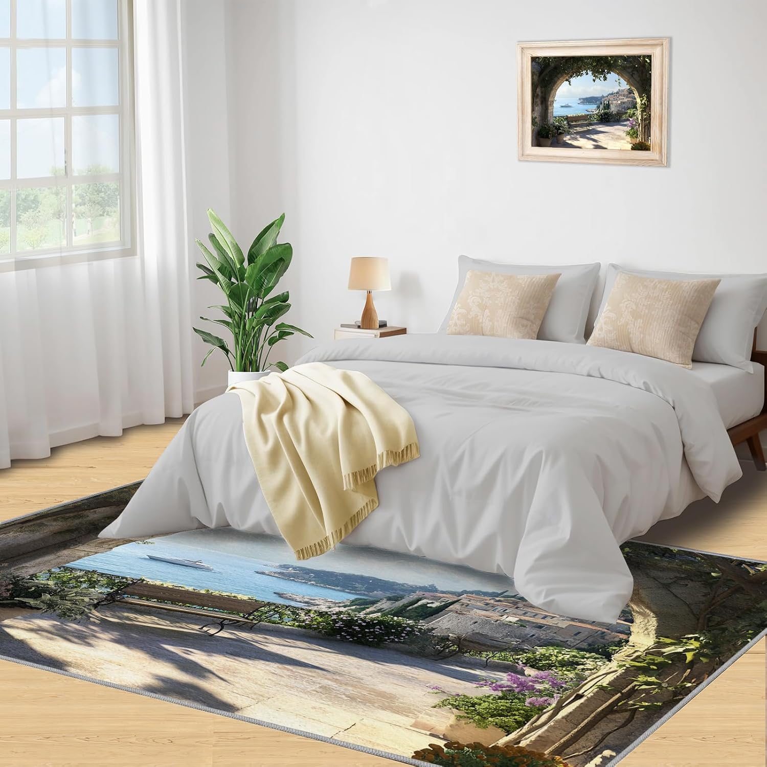 Mediterranean View Area Rug 5x7ft Sea View Archway Rugs, Coastal Town Vista Rug, European Seaside Balcony Rug, Fantasy Indoor Jungle Decor Carpet, for Washable Living Room Home Decor