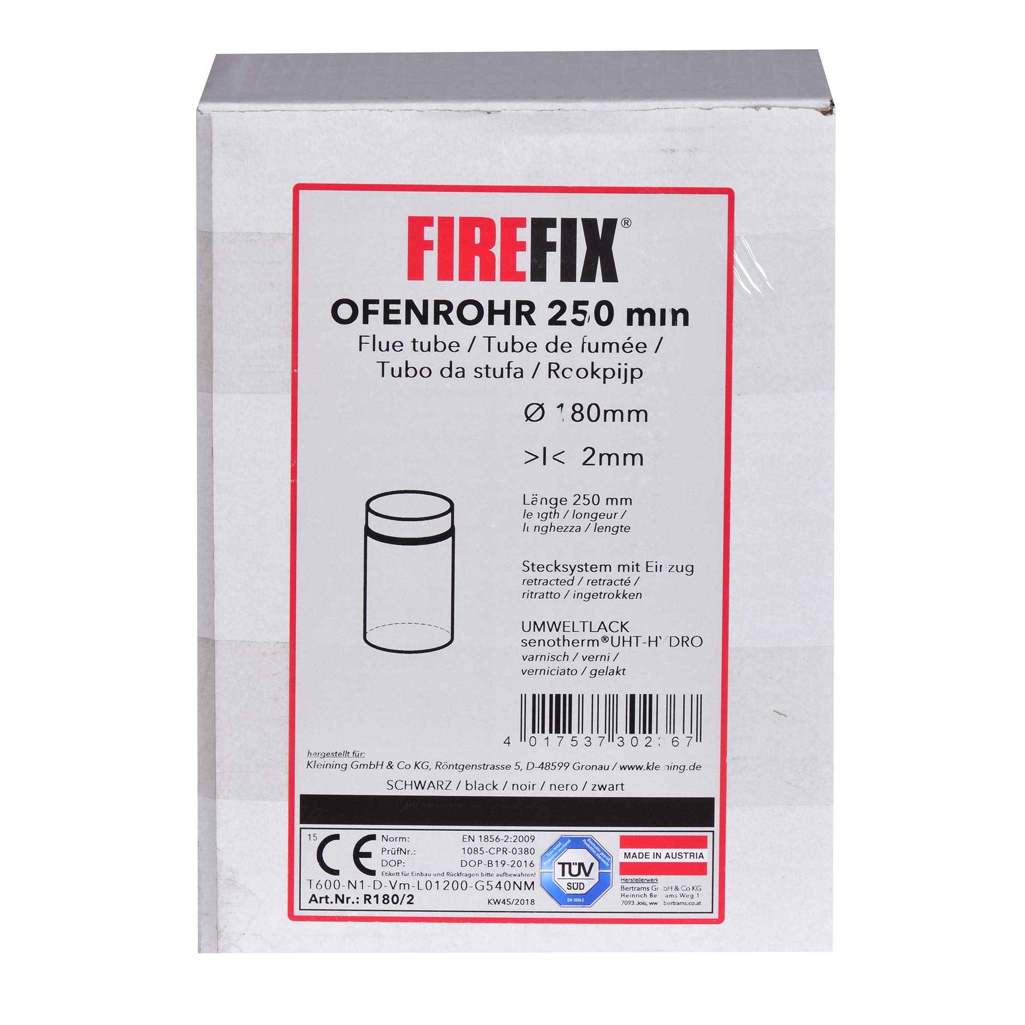 FIREFIX R180/2 - Canna fumaria in Acciaio Spesso 2 mm, Diametro 180 mm, per stufe e fuochi Senotherm, Lunghezza 250 mm, Colore: Nero