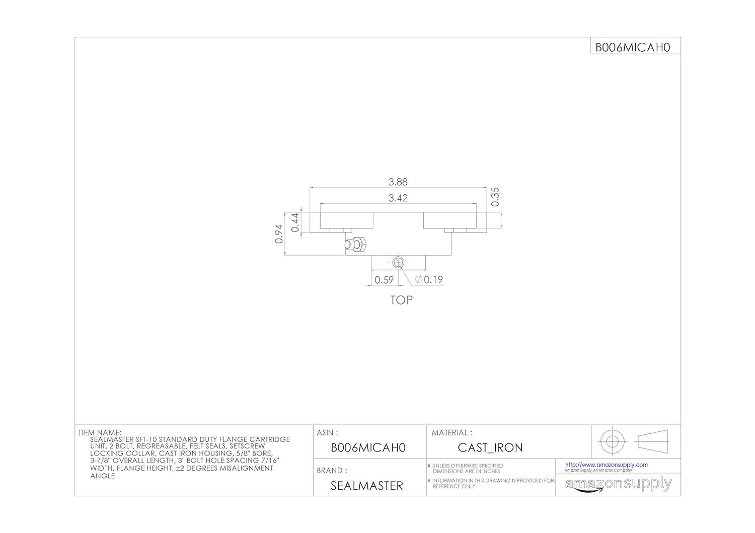 Sealmaster SFT-10 Standard Duty Flange Cartridge Unit, 2 Bolt, Regreasable, Felt Seals, Setscrew Locking Collar, Cast Iron Housing, 5/8" Bore, 3-7/8" Overall Length, 3" Bolt Hole Spacing Width, 7/16" Flange Height, ±2 Degrees Misalignment Angle