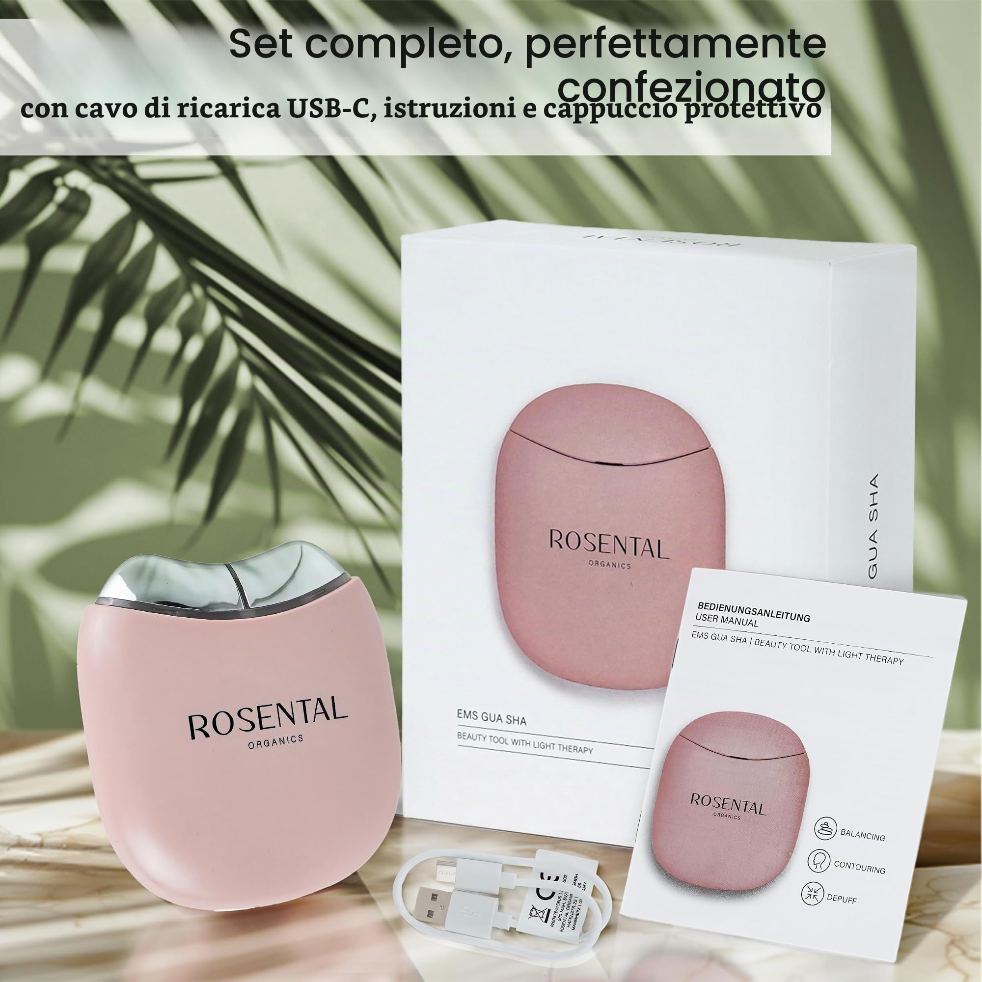 Rosental Organics EMS Gua Sha massaggiatore viso – LED blu, verde e terapia a luce rossa – per pelle grassoccia e carnagione uniforme – per tutti i tipi di pelle