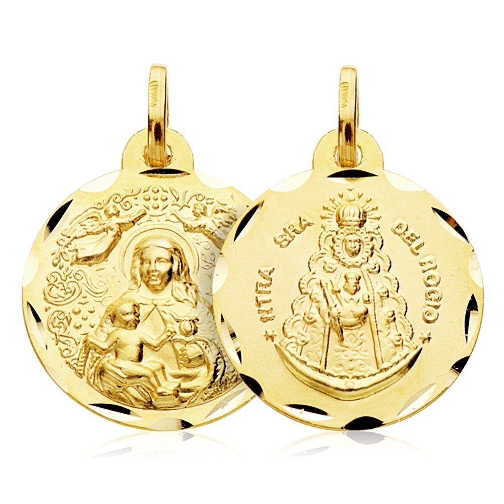 Medaglia scapolare in oro 18 carati della Madonna del Rocío, Vergine Maria, nastro da 18 mm, bordo scolpito, unisex