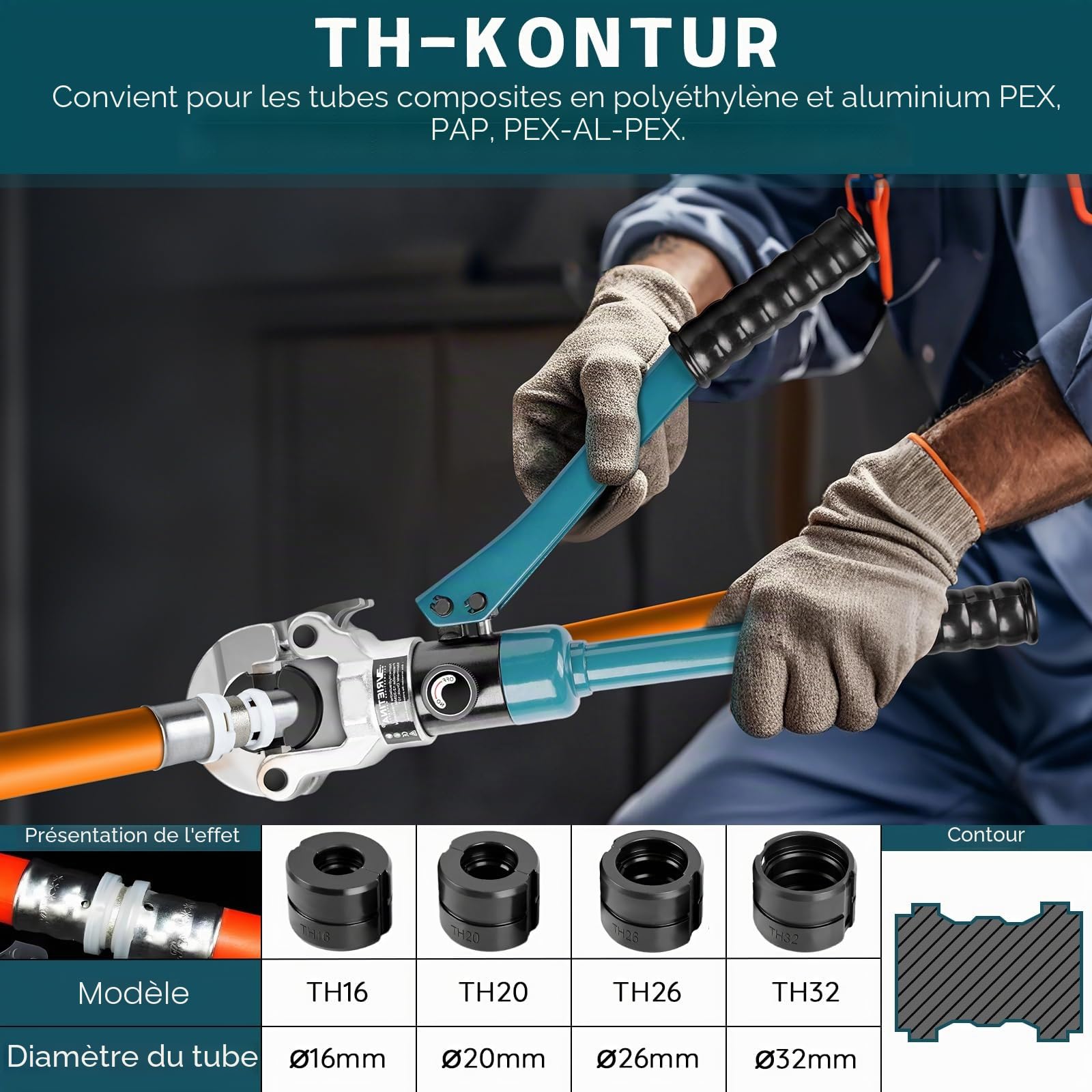 Pince à sertir professionnelle pour tube en cuivre avec contour V et contour TH avec coupe-tube et ébavureur, pince à sertir manuelle, pince à sertir en cuivre, avec V12, V15, V18, V22, V28 et TH16