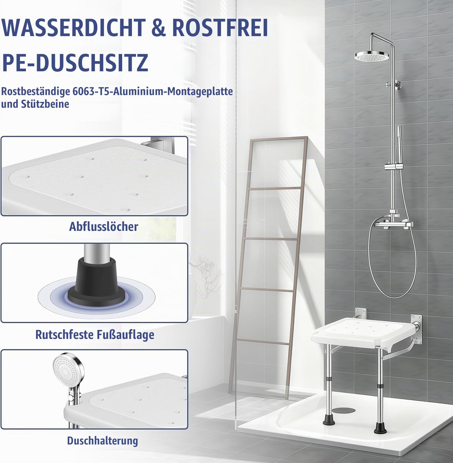 Duschsitz Klappbar Wandmontage, Klappsitz Dusche mit Rutschfesten Stützfüßen, Ablauflöcher, Hohenverstellbar Duschstuhl bis 180 KG, Duschklappsitz für Ältere Menschen, Schwangere, Behinderte