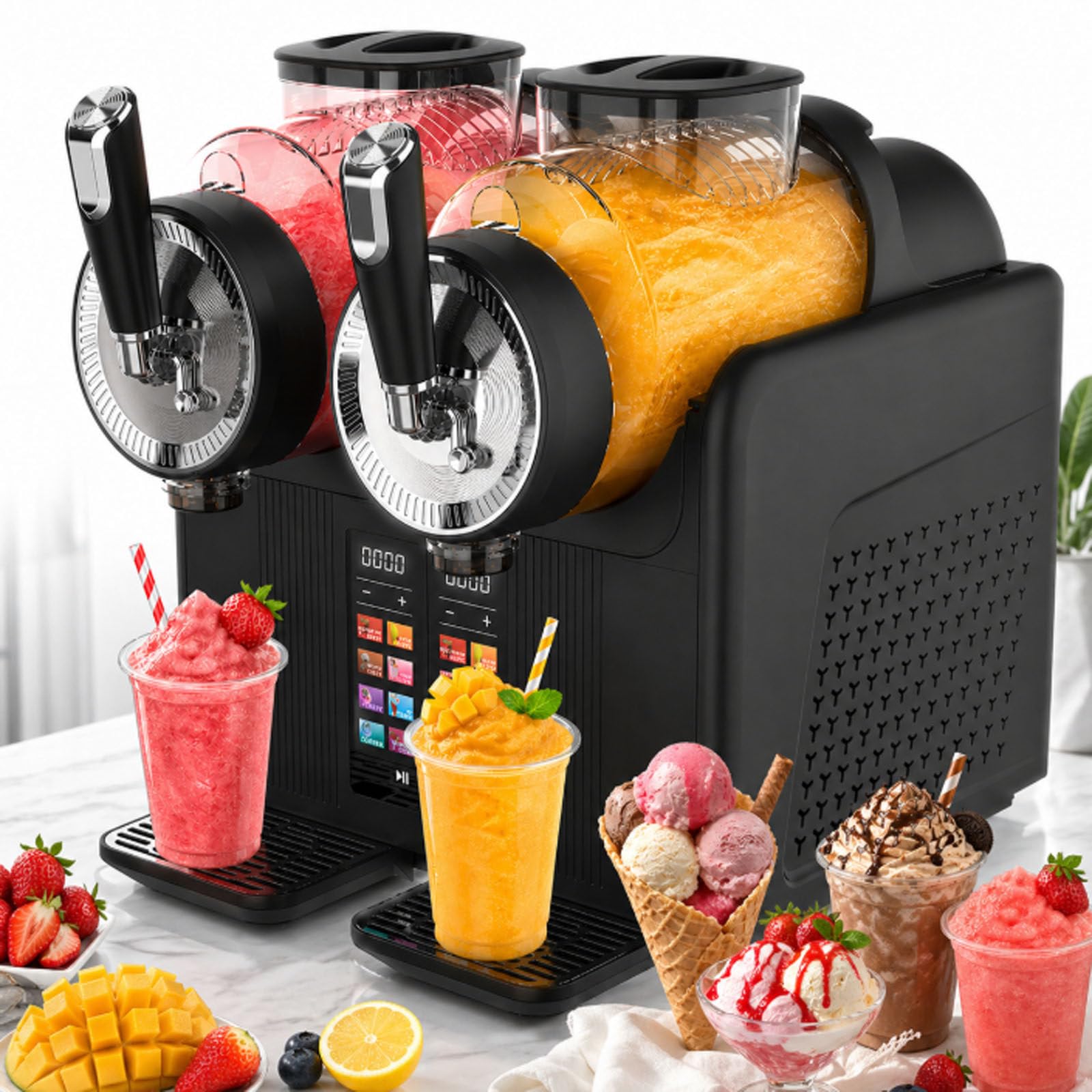 ErShangMao Double-Headed Slushie Maker, 430w Slushy Maker,2 X 2l Countertop Cold Drink & Soft Ice Cream Machine With 7 In 1 Presets, Adjustable Hardness For Juice, Milkshake, Coffee Granita Black
