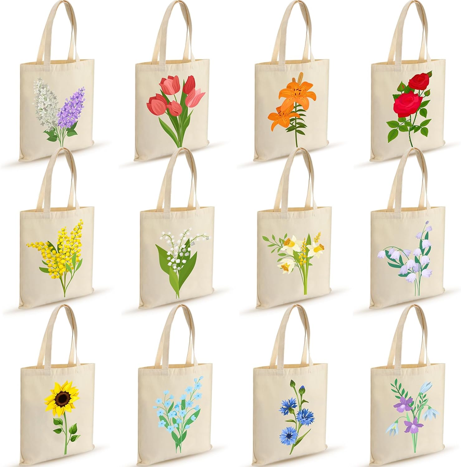 12 Pcs Floral Canvas Tote Bags Bulk Reusable Flower Tote Bags Book Club Gift Totes for Birthday Teacher Mother Women Gift (12 Classic Flowers)