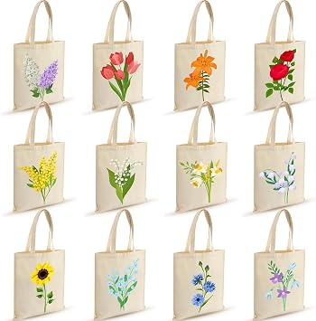 Shinylin 12 Pcs Floral Canvas Tote Bags Bulk Reusable Flower Tote Bags Book Club Gift Totes for Birthday Teacher Mother Women Gift 12 Classic Flowers
