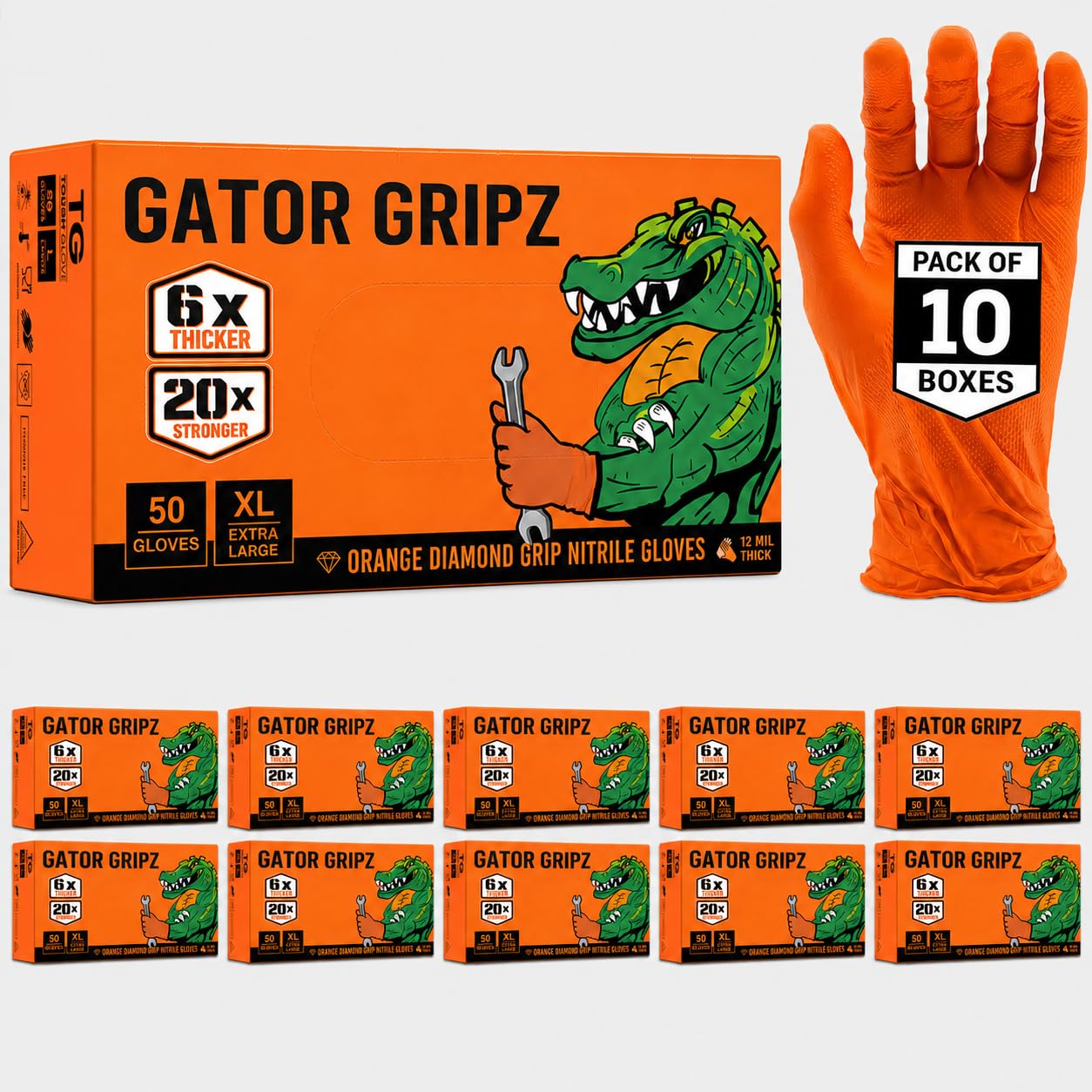 TG TOUGH GLOVE Gator Gripz Orange Nitrile Gloves XL, (10 boxes x 50) โ image 1