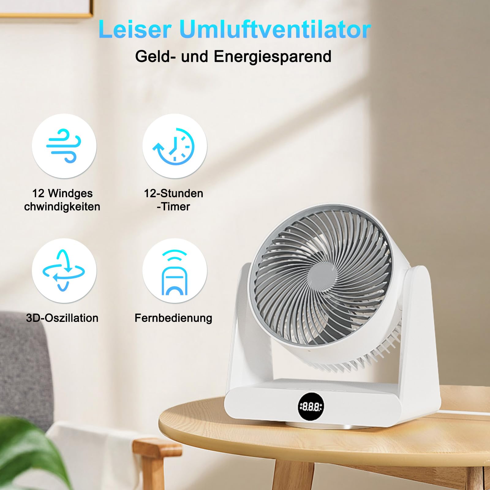 GuKKK Ventilator Leise, Tischventilator 28 DB, Starker Ventilator mit Fernbedienung, 3D Turbo-Luftzirkulator, 12-Geschwindigstufe 12H Timer, 90° verstellbar Neigungswinkel Turbo-Luftzirkulator