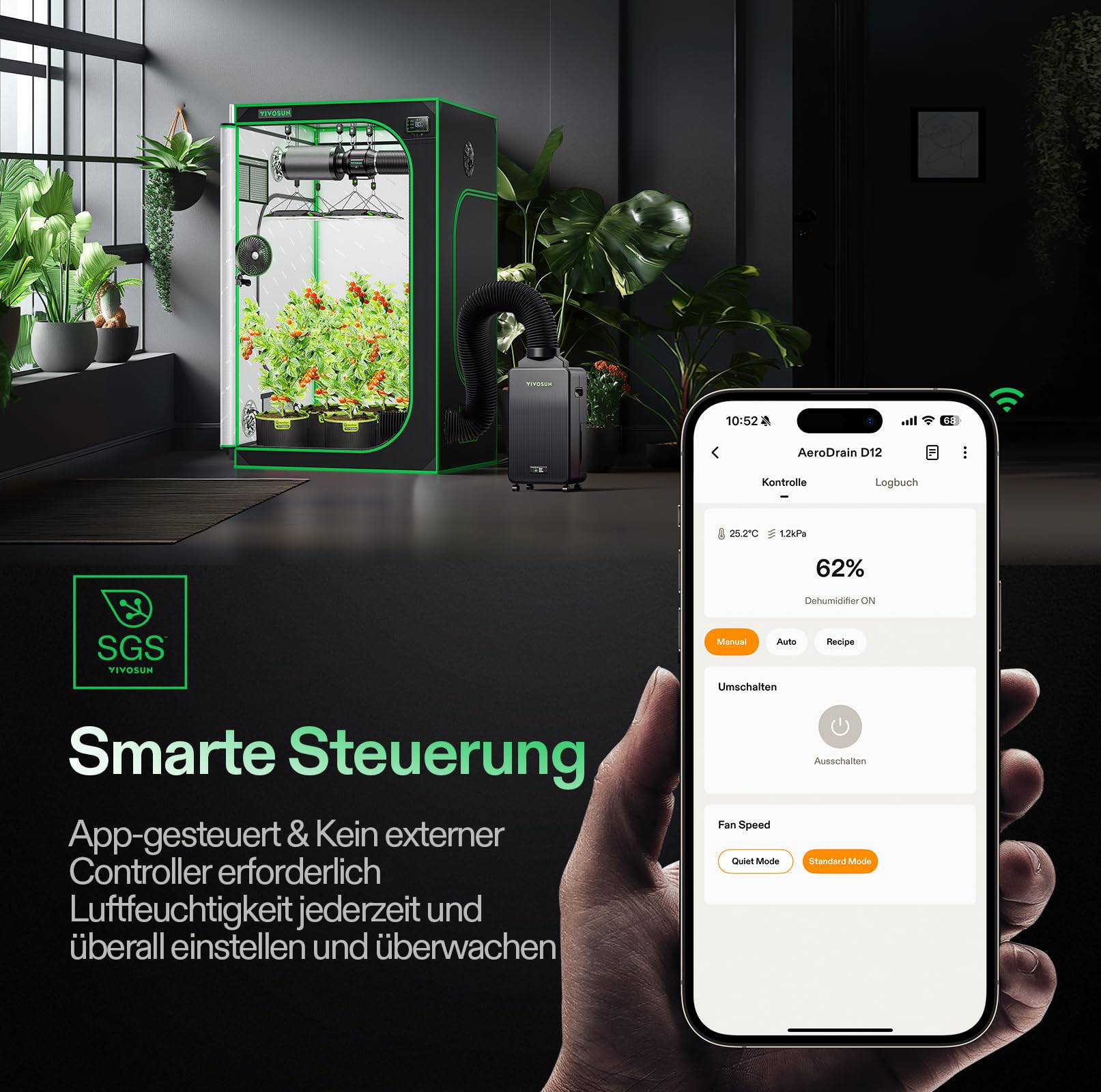 VIVOSUN AeroDrain D12 Luftentfeuchter Elektrisch 12L/Tag mit 2L Tank, Smart Dehumidifier mit Temperatur- & Feuchtigkeitssensor, Fernsteuerung, Ideal für Keller, Badezimmer & Growzelt