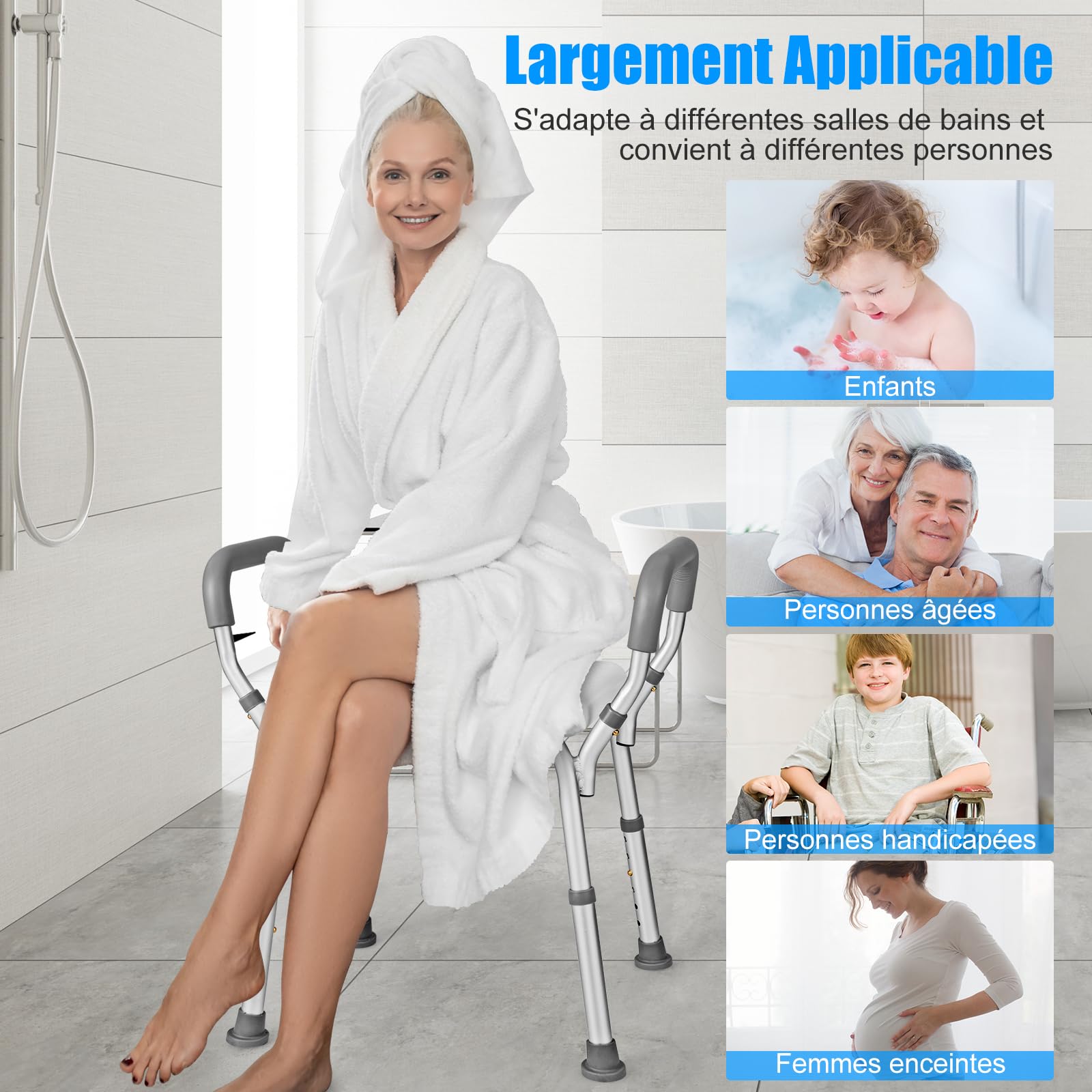 RELAX4LIFE Taburete de ducha antideslizante ajustable en altura 54-67 cm, silla de ducha de aluminio con reposabrazos, asiento de ducha para adultos para personas mayores discapacitadas embarazadas