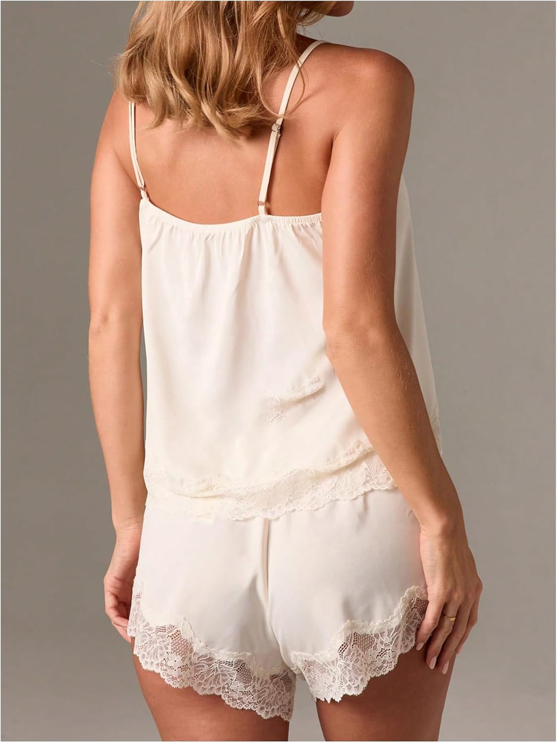 MakeMeChic Women's Silk Satin 2 Piece Pajama Sets Lace Trim Camisole Shorts Lounge Set Sleepwear - Image 2