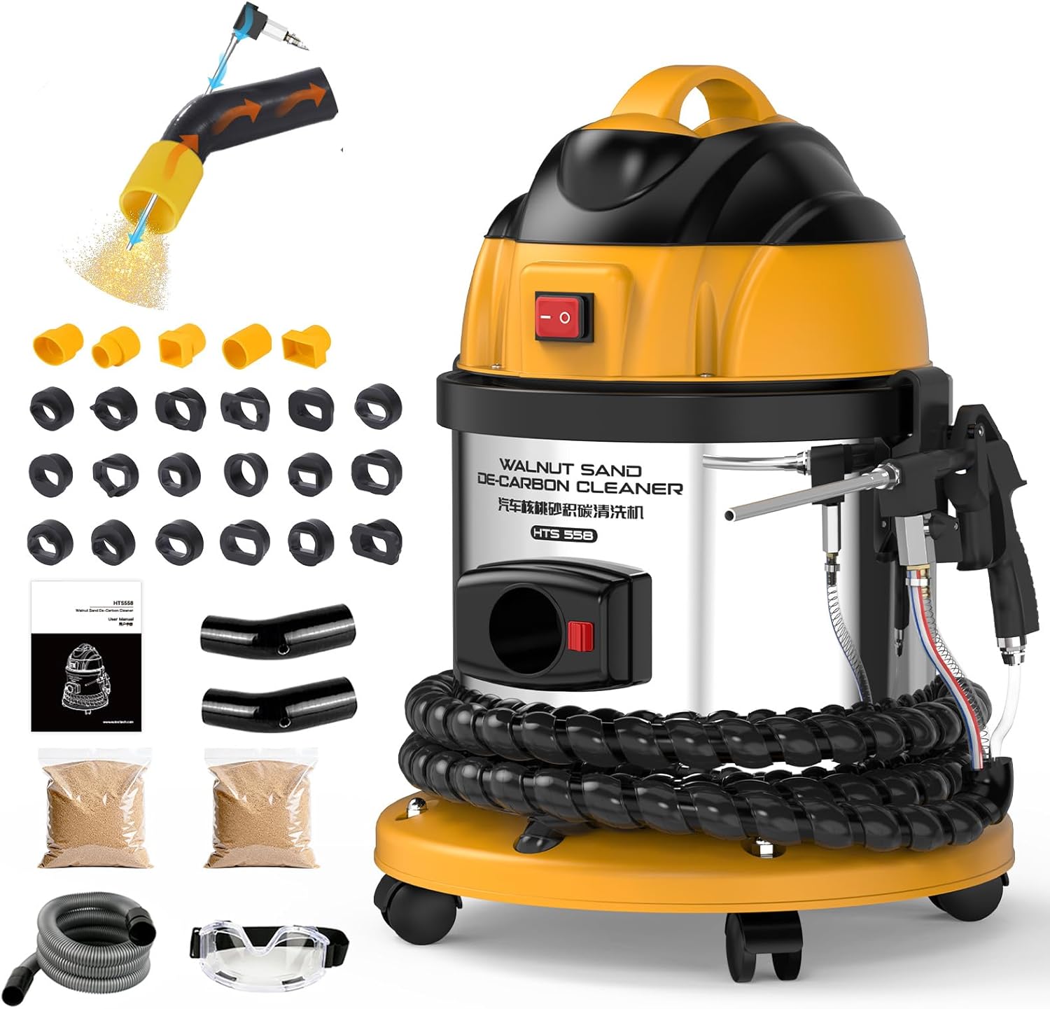 BELEY Walnut Blaster, HTS558 Engine Intake Valve Cleaner Machine, 110V Automotive Engine Carbon Remover Sand Blaster for Carbon Cleaning with 2kg Walnut Sand & 23 PCS Adapters