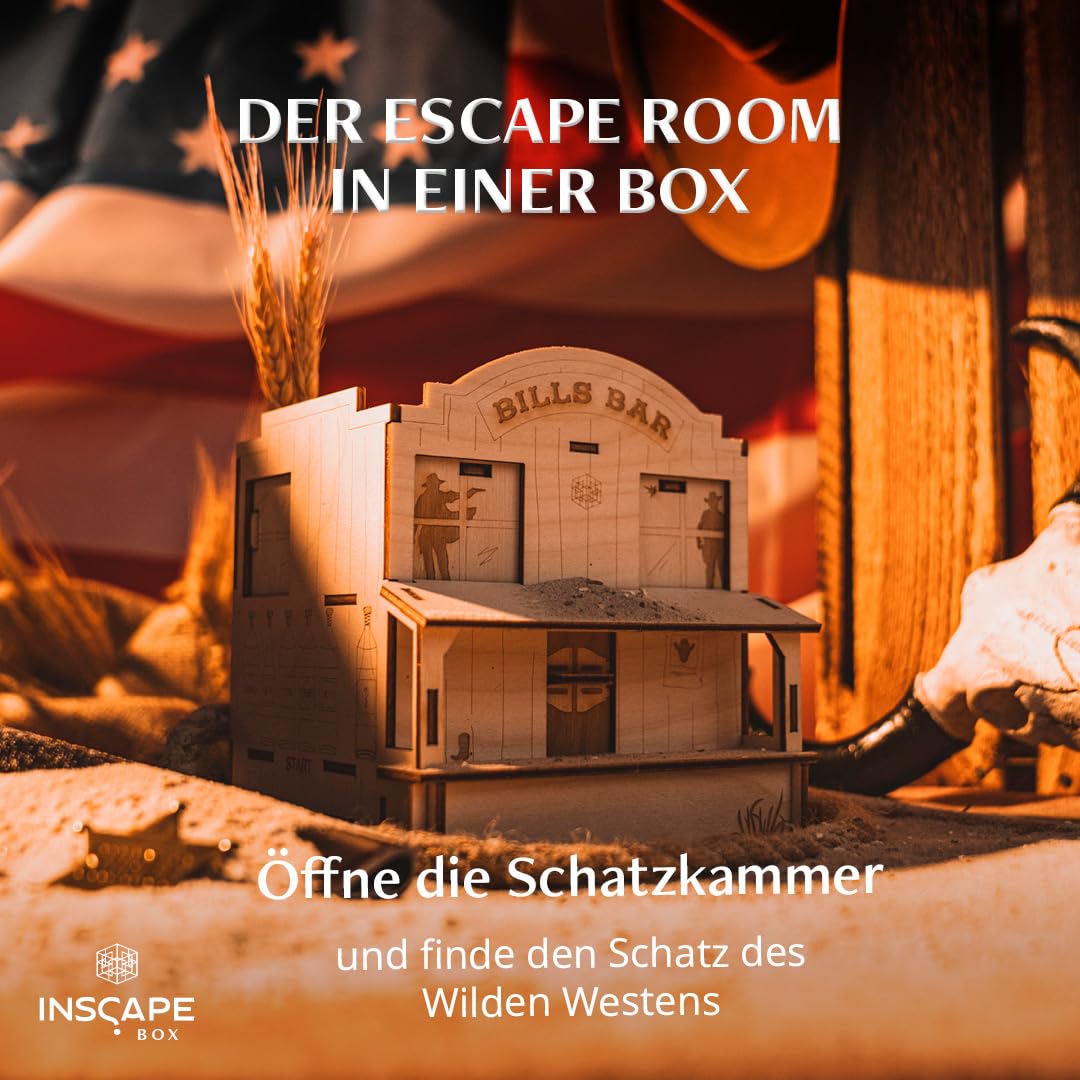 INSCAPE Wild West Riddles- Rätselbox Holz - Puzzle Box - Escape Room Spiel Erwachsene und Kinder - Knobelspiele für Erwachsene - 3D Holzpuzzle - Cluebox - Denkspiele