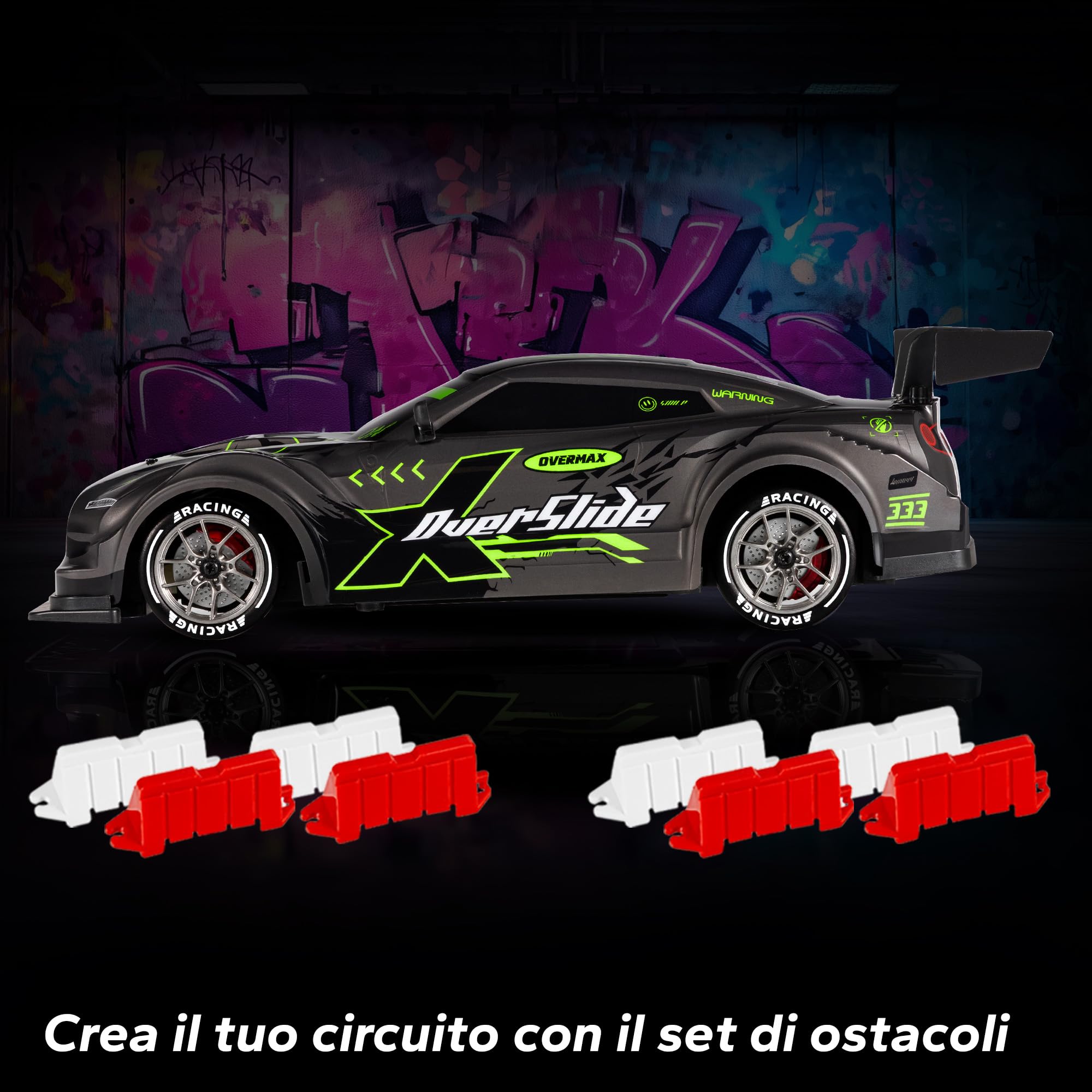 Overmax X-OVERSLIDE Macchina Radiocomandata RC per Drift, Macchina Telecomandata per Bambini 8+, 1:16, 20 km/h Portata fino a 80 m, 4WD, 2 Batterie 500 mAh Set di Ruote e Ostacoli Scocca Accessoria