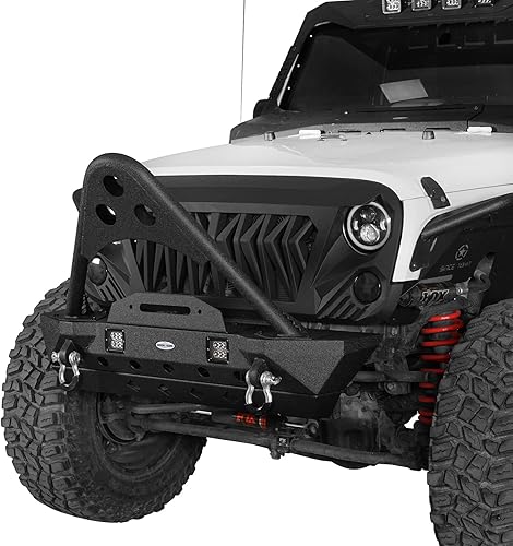 Hooke Road Parachoques Wrangler JK Stinger, parachoques delantero agresivo rechoncho con luces LED y placa de cabrestante para Jeep Wrangler JK 24