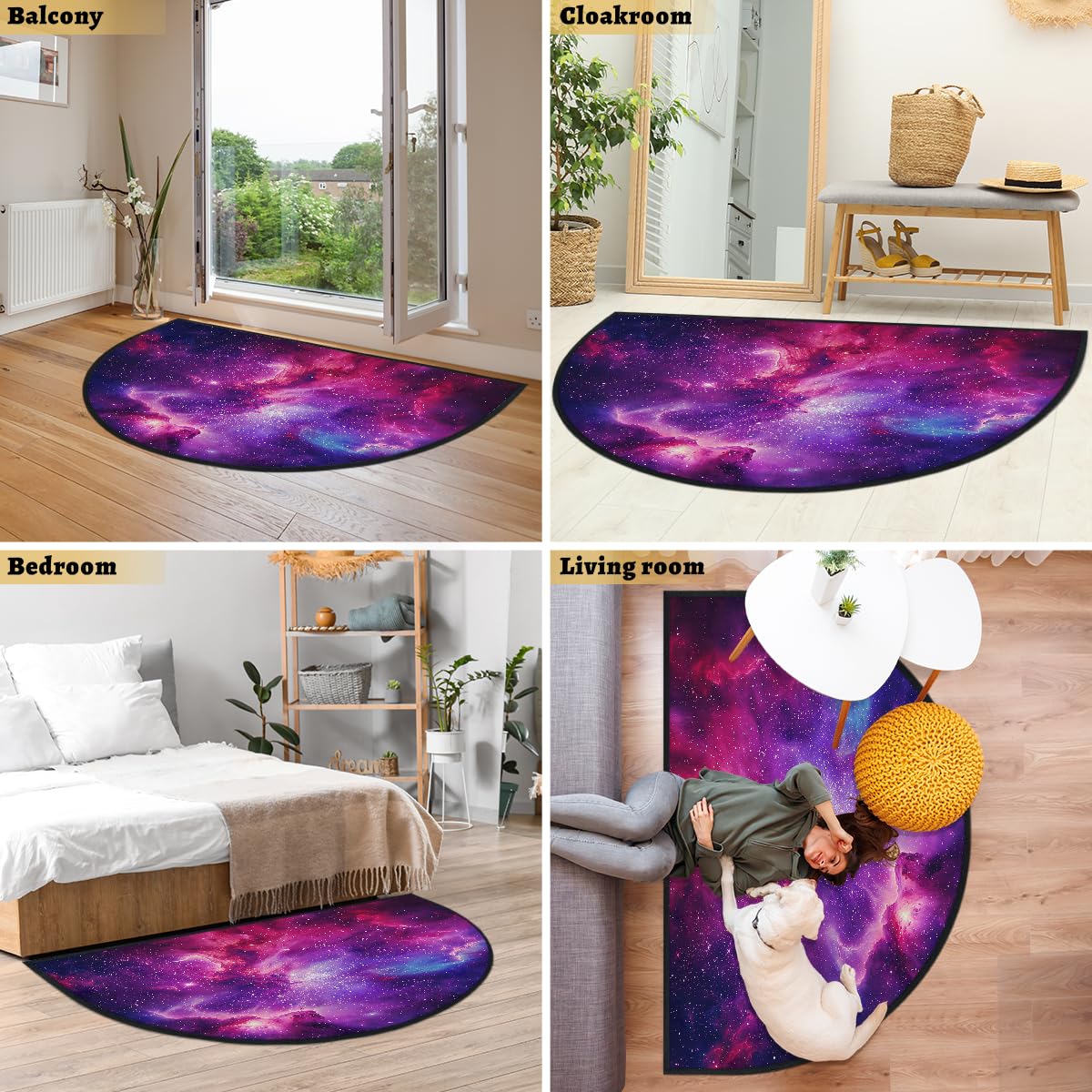 Mexpekil Paillasson demi-lune en forme de demi-lune pour intérieur et extérieur - Lavable - Absorbant la saleté - 100 x 160 cm - Motif galaxie rose et violet