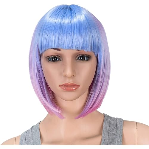 SWACC 10 Inch Blue Pink Ombre Multi-Colored Short Straight Bob Wig with Bangs Synthetic Colorful Cosplay Daily Party Flapper Wig for Women with Wig Cap