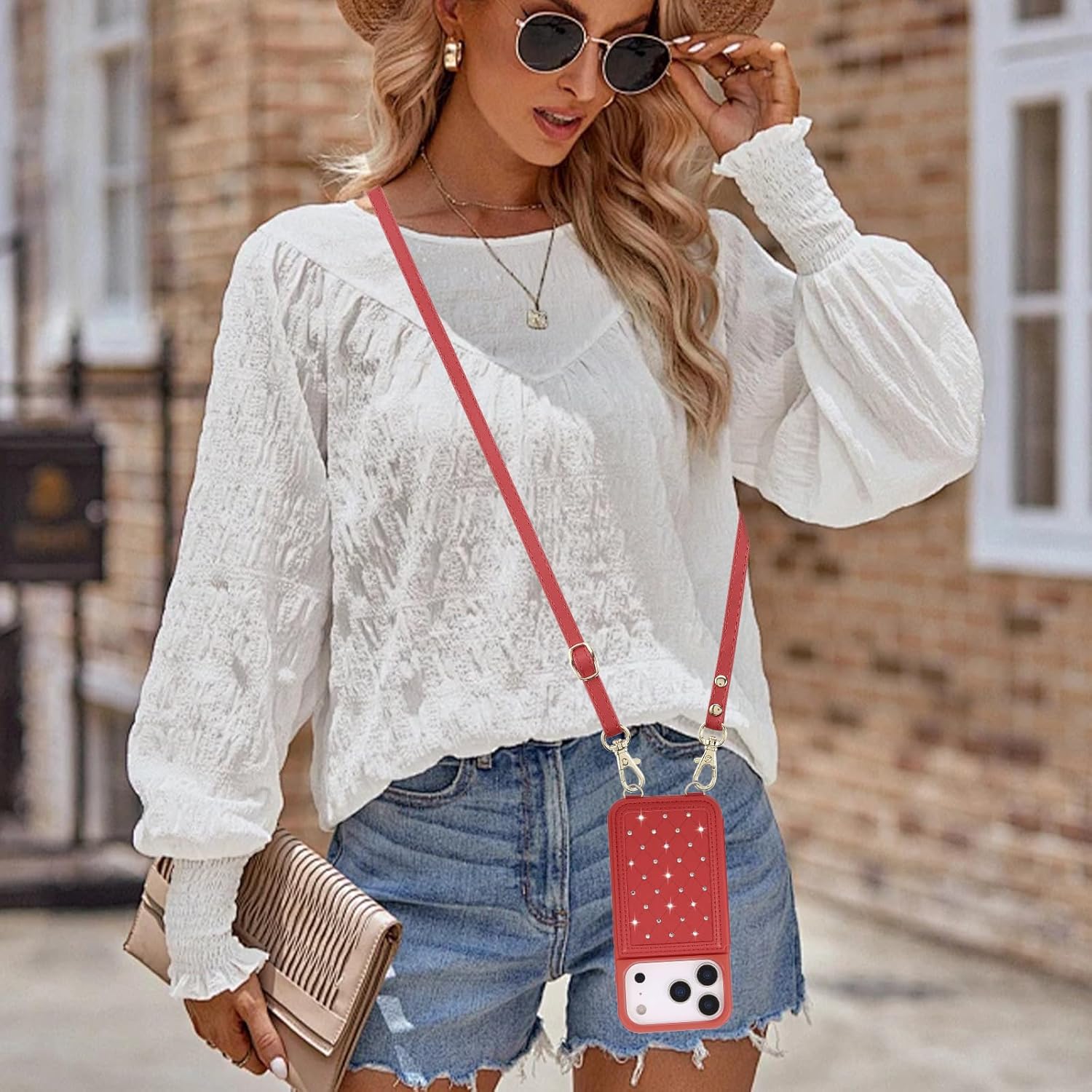 for iPhone 17 Pro Wallet Case with Card Holder Slots and Strap, RFID Blocking Magnetic Flip Folio Cover, Crossbody Purse Protection Case with Kickstand,Red Diamond