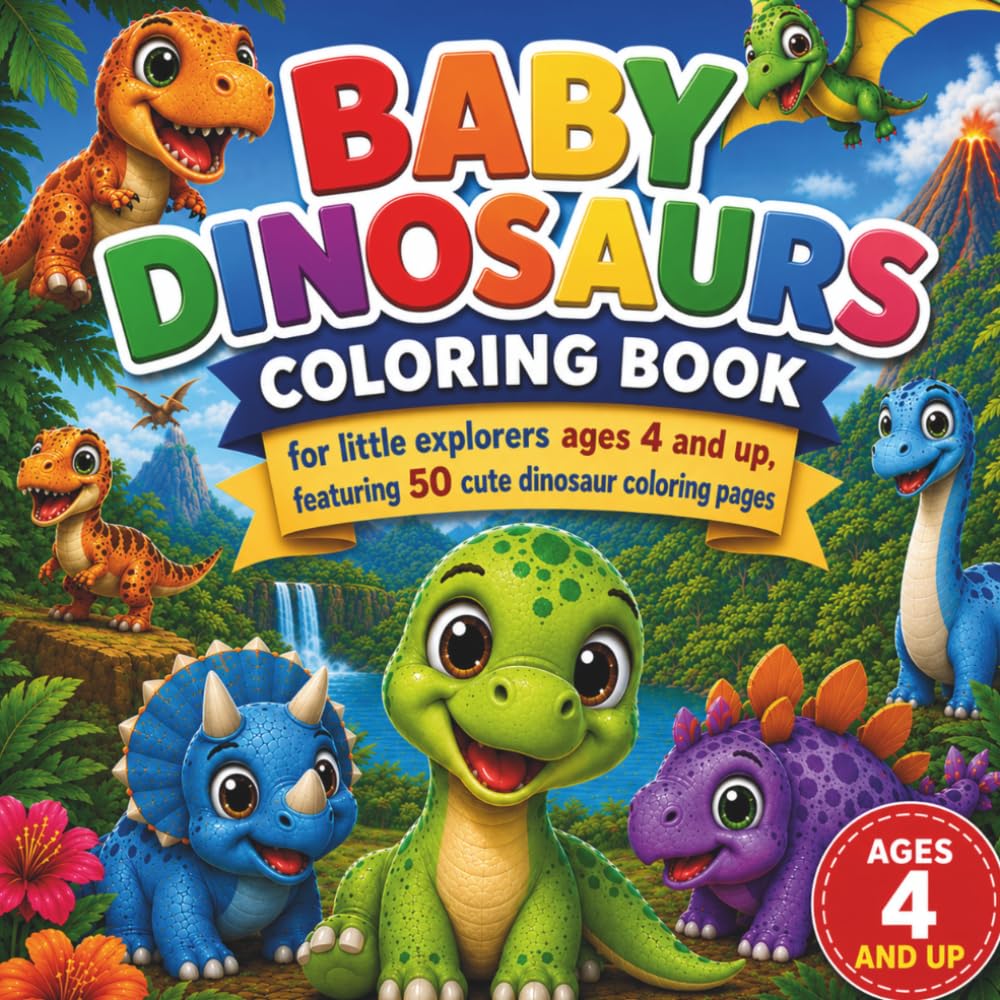Baby Dinosaurs Coloring Book for little explorers ages 4 and up, featuring 50 cute dinosaur coloring pages