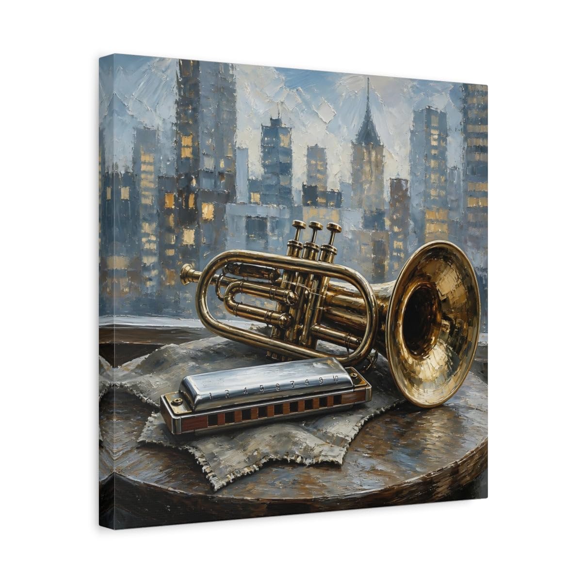 Vintage Trumpet Harmonica Gold And Blue Canvas Print – Living Room, Above Console Table 16×16 inch (40×40 cm) - Square / 1.25 inch (3 cm)