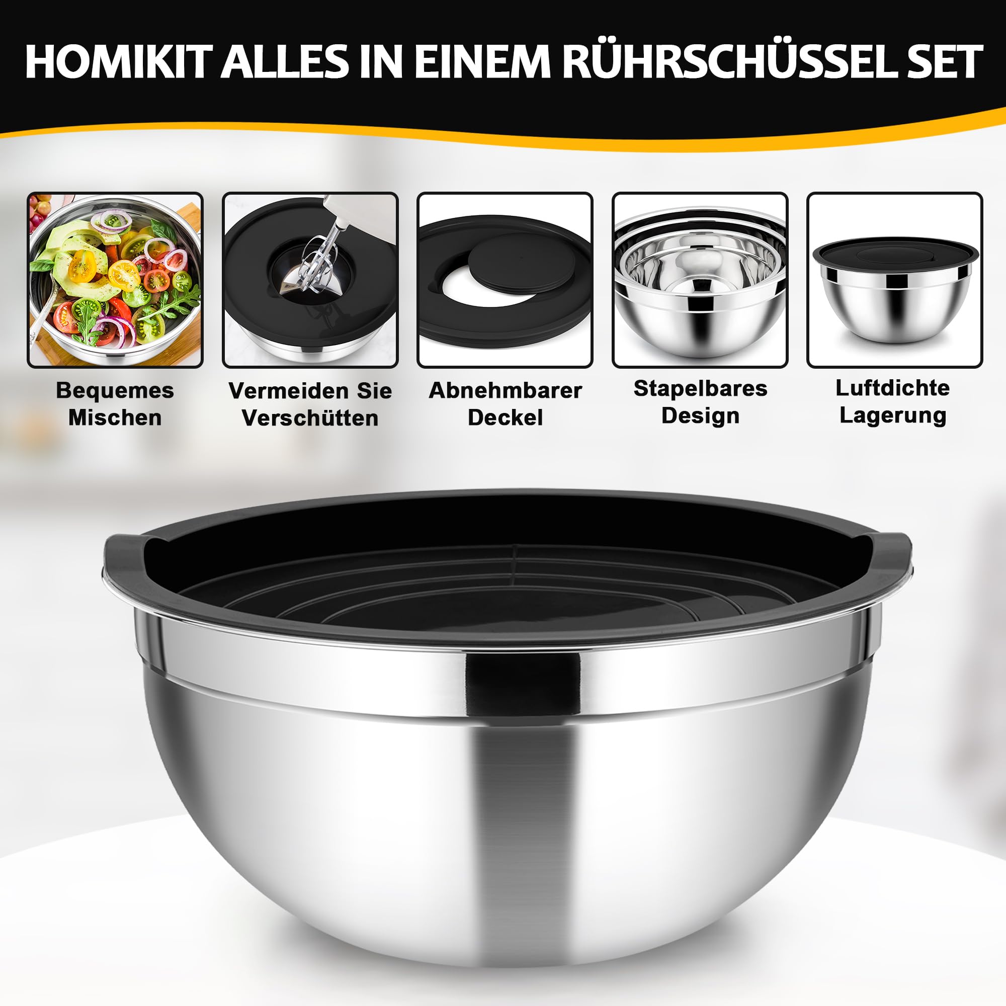 Homikit Lot de 5 Saladier avec Couvercles, Grand Bol Mélangeur en Acier Inoxydable avec Râpe, Empilable Saladiers INOX de 0.7L-4.6L, Bol Multifonction pour la Cuisson, Lavable au Lave-Vaisselle, Noir