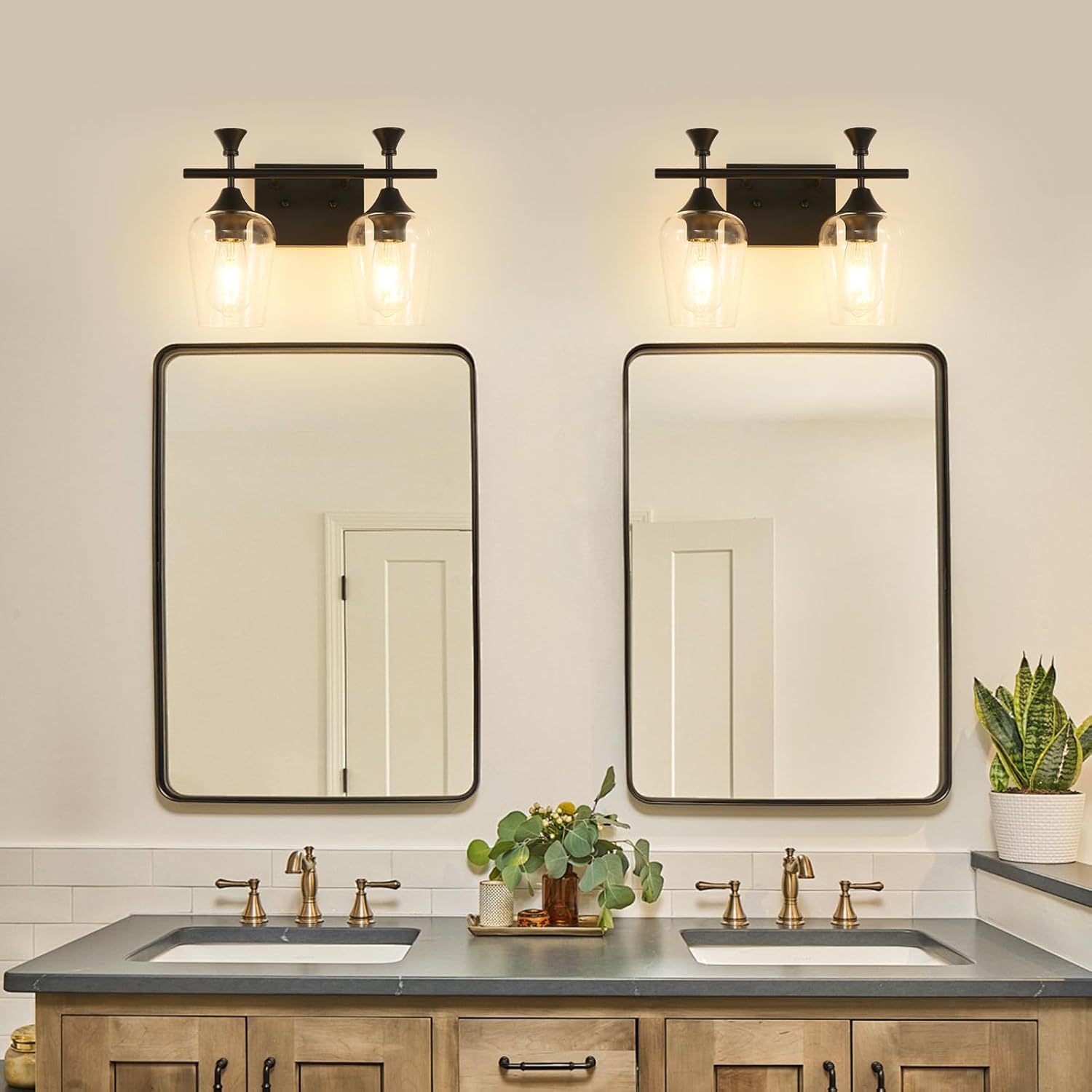 Bathroom Light Fixtures (2-Light, 14 Inch), Matte Black Vanity Lights for Bathroom with Clear Wine Glass Glass Shade, Modern Vanity Wall Lights for Mirror Bedroom Living Room Kitchen Hallway Porch