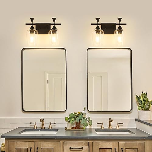 Miniatura 8 de Lámparas de baño (2 luces, 14 pulgadas), luces de tocador negras mate para baño con pantalla de vidrio de vino transparente, modernas luces de pared