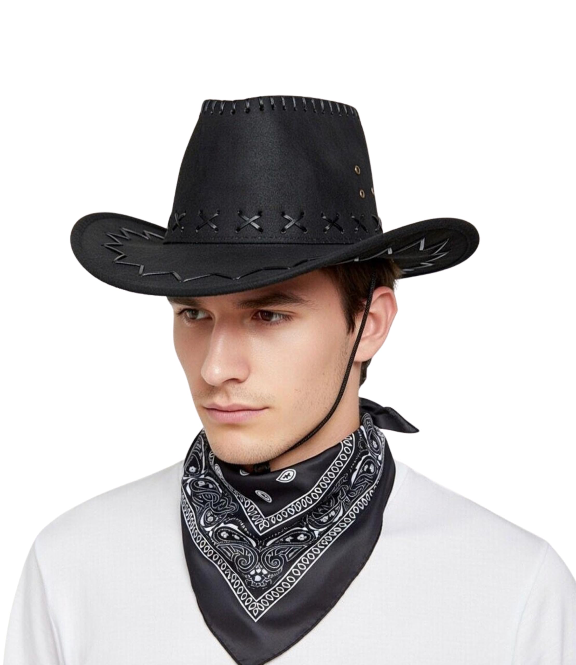SoWest Western Cowboy Hat & Bandana Set โ Classic Leather Look Halloween Headwear Costume Accessory | Unisex Cowboys & Cowgirl Fancy Dress Cosplay Party Hats for Adults Men & Women - Black