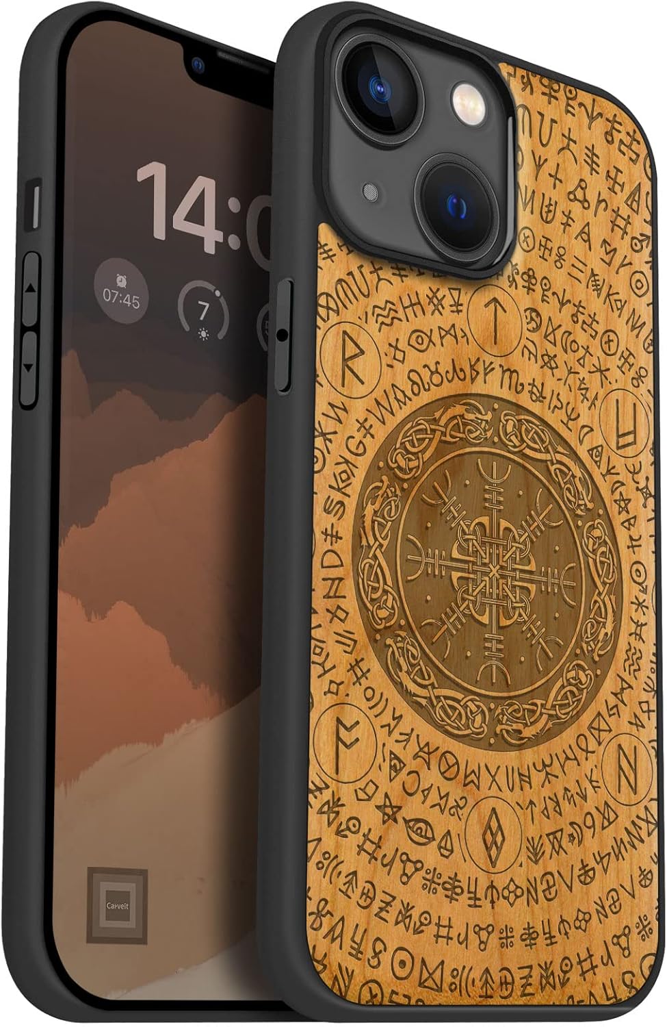 Carveit Magnetic Wood Case for iPhone 14 Case [Natural Wood & Black Soft TPU] Shockproof Protective Cover Unique Wooden Case Compatible with magsafe (The Vegvisir of Viking -Cherry)
