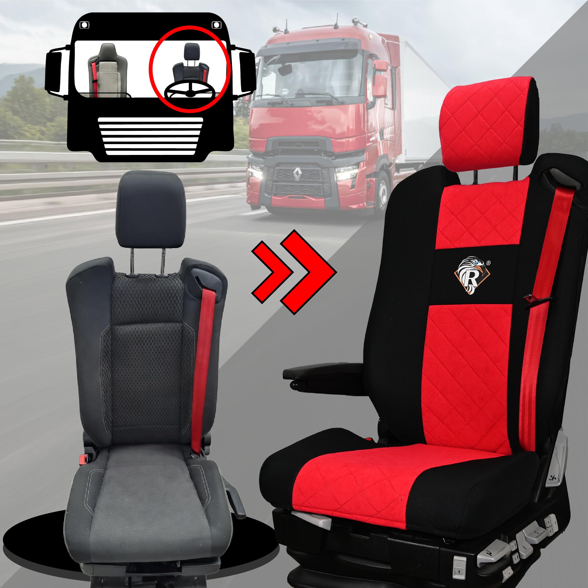 SABA Pokrowce na fotele dla Renault Gama T od 2014 kierowca z zagłówkiem, pasażer lotniczy 2 pasy Czerwony Akcesoria do ochraniaczy siedzeń ciężarówek - Ochrona przed brudem