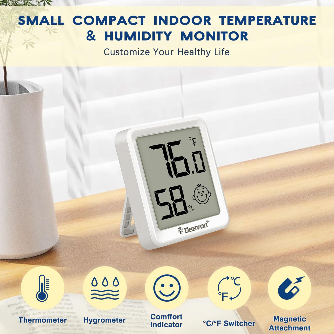Geevon Termómetro e higrómetro digital inalámbrico para interiores, paquete de 6, con índice de comodidad, pantalla grande de 1.9 pulgadas, conmutación °C/°F, montaje magnético, colgar en la pared, de