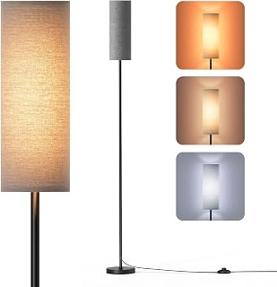 9W LED Stehlampe Grau, Dimmbar, 3 Farbtemperaturen, Leinen Lampenschirm & Fußschalter, Vintage für Schlafzimmer
