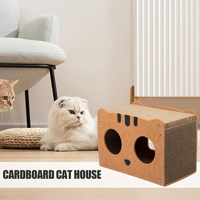 Foto 4 de 7 de Casa de cartón para gatos, casitas para gatos de interior, rascador de cartón corrugado