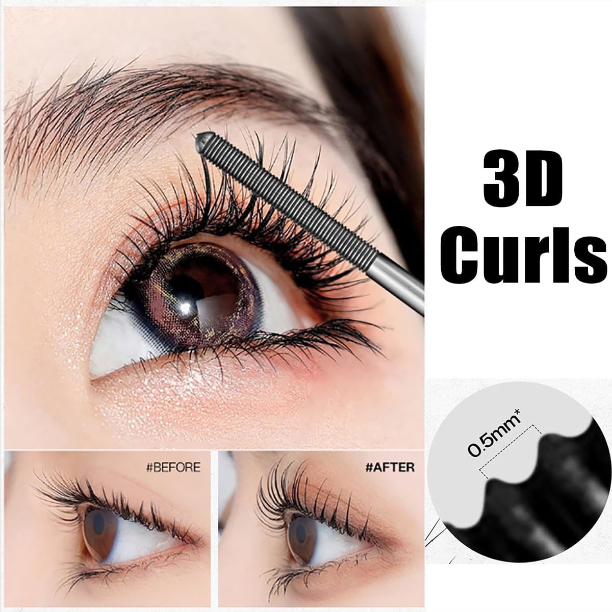 Wimperngrundierung mit Stahlrohr, natürliche, wischfeste, lang anhaltende Wimperntusche mit Gewinde für einen verdichtenden Effekt, wasserfeste 3D-Wimperntusche mit Curling-Eisen (1PC,Black)