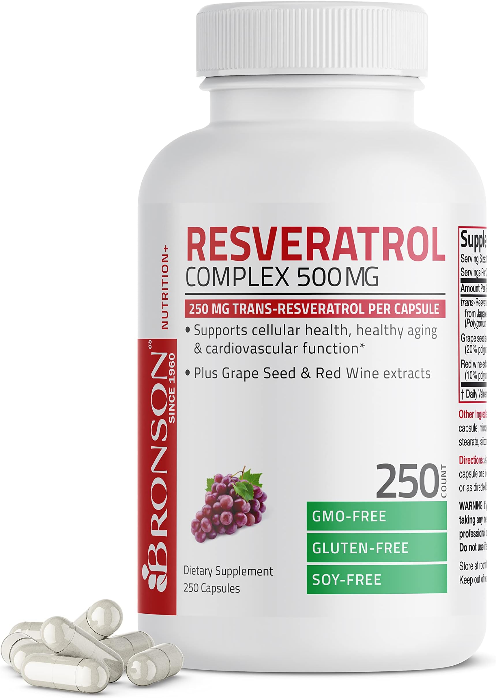 Bronson Resveratrol 500 Complex Standardized Trans-Resveratrol + Grape Seed & Red Wine Extract, 250 Capsules